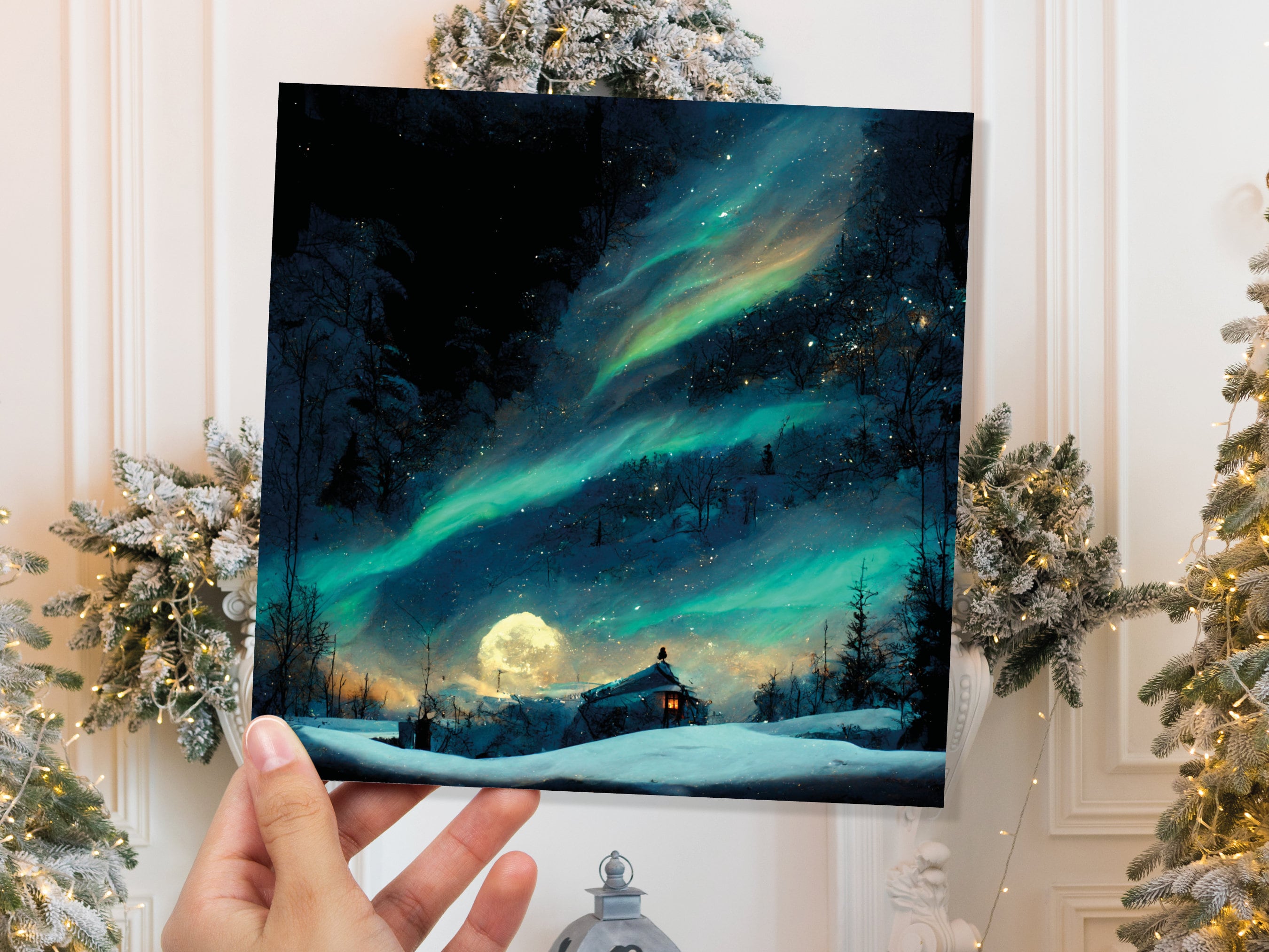 Aurora Borealis Card Northern Lights Moon Glowing Winter Sky Impressionist Painting Snow Scene Christmas Thank You Cards For Family Friends