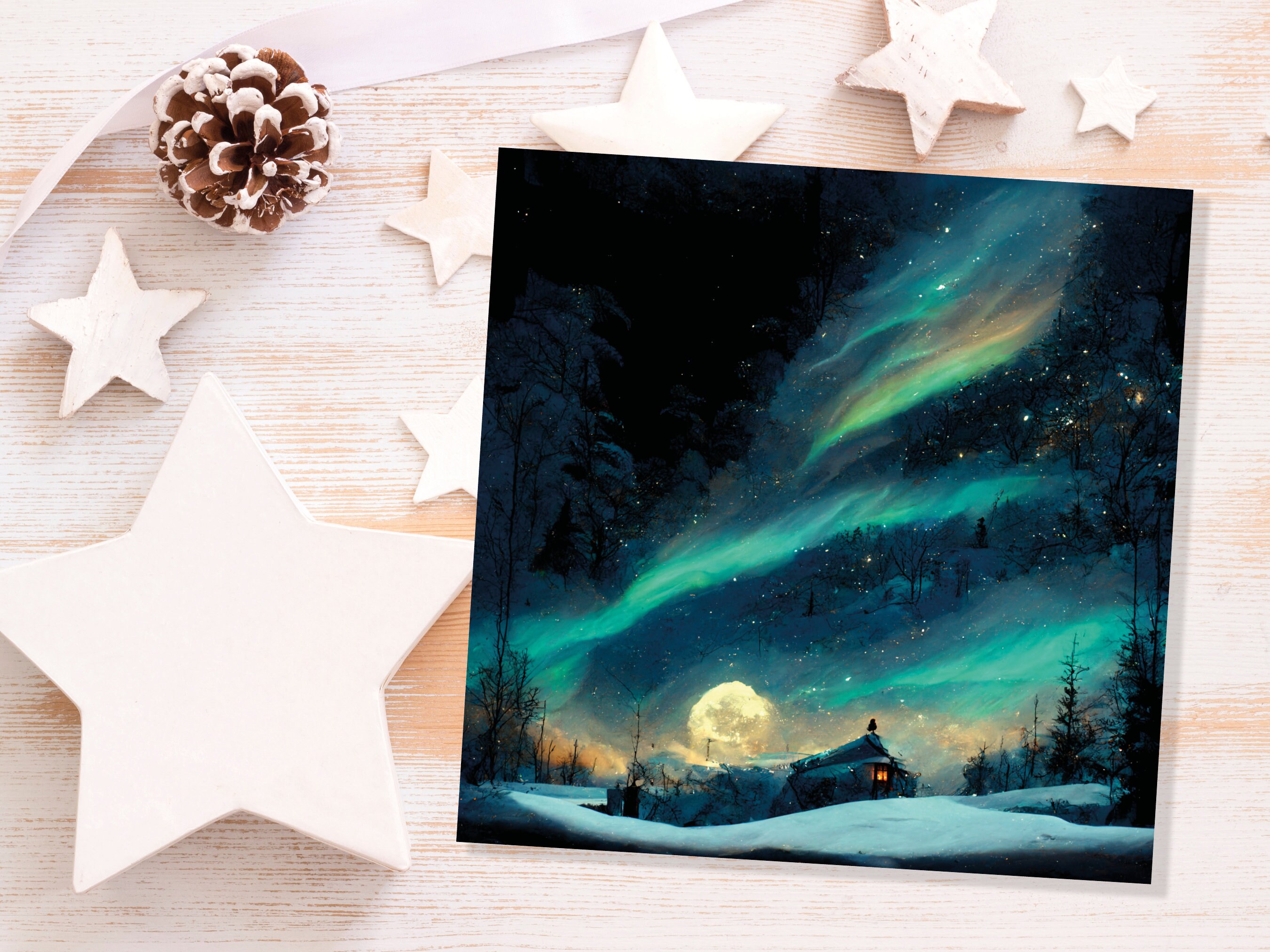 Aurora Borealis Card Northern Lights Moon Glowing Winter Sky Impressionist Painting Snow Scene Christmas Thank You Cards For Family Friends - View 2