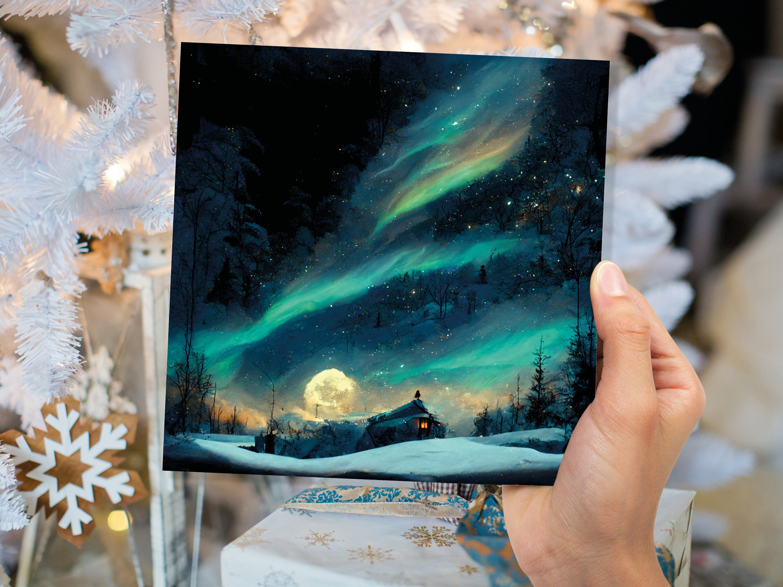 Aurora Borealis Card Northern Lights Moon Glowing Winter Sky Impressionist Painting Snow Scene Christmas Thank You Cards For Family Friends - View 3