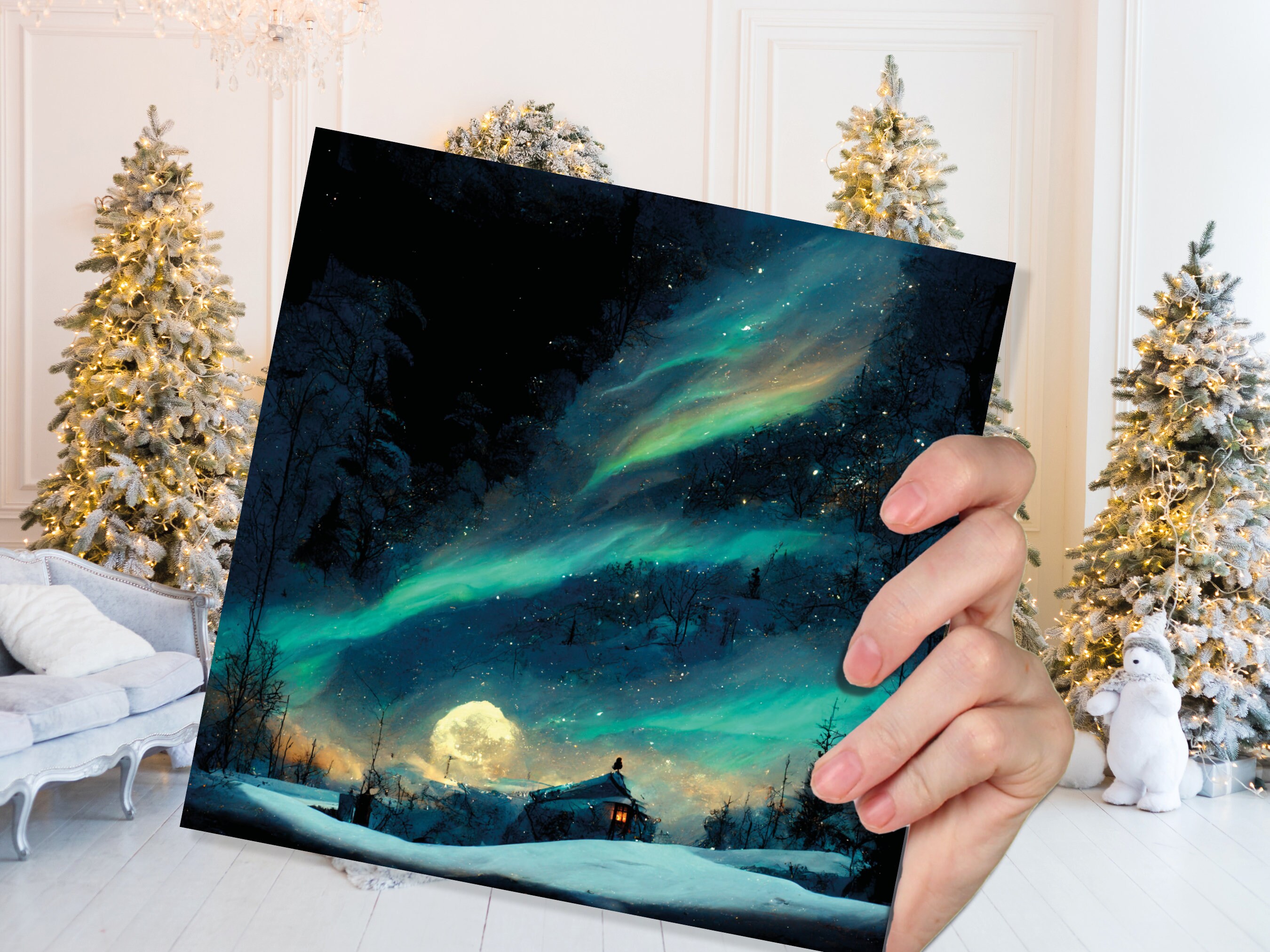 Aurora Borealis Card Northern Lights Moon Glowing Winter Sky Impressionist Painting Snow Scene Christmas Thank You Cards For Family Friends - View 4