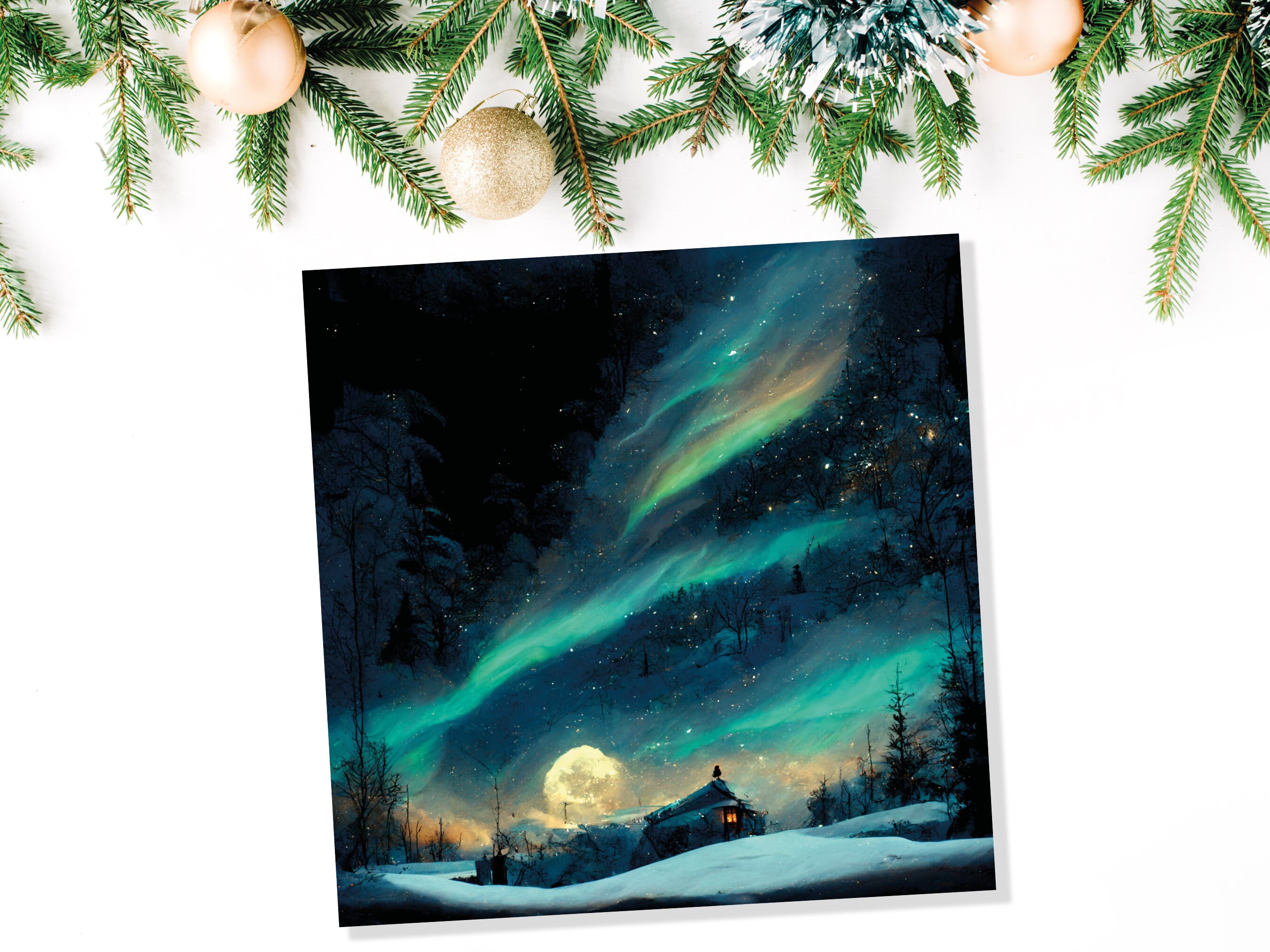 Aurora Borealis Card Northern Lights Moon Glowing Winter Sky Impressionist Painting Snow Scene Christmas Thank You Cards For Family Friends - View 5