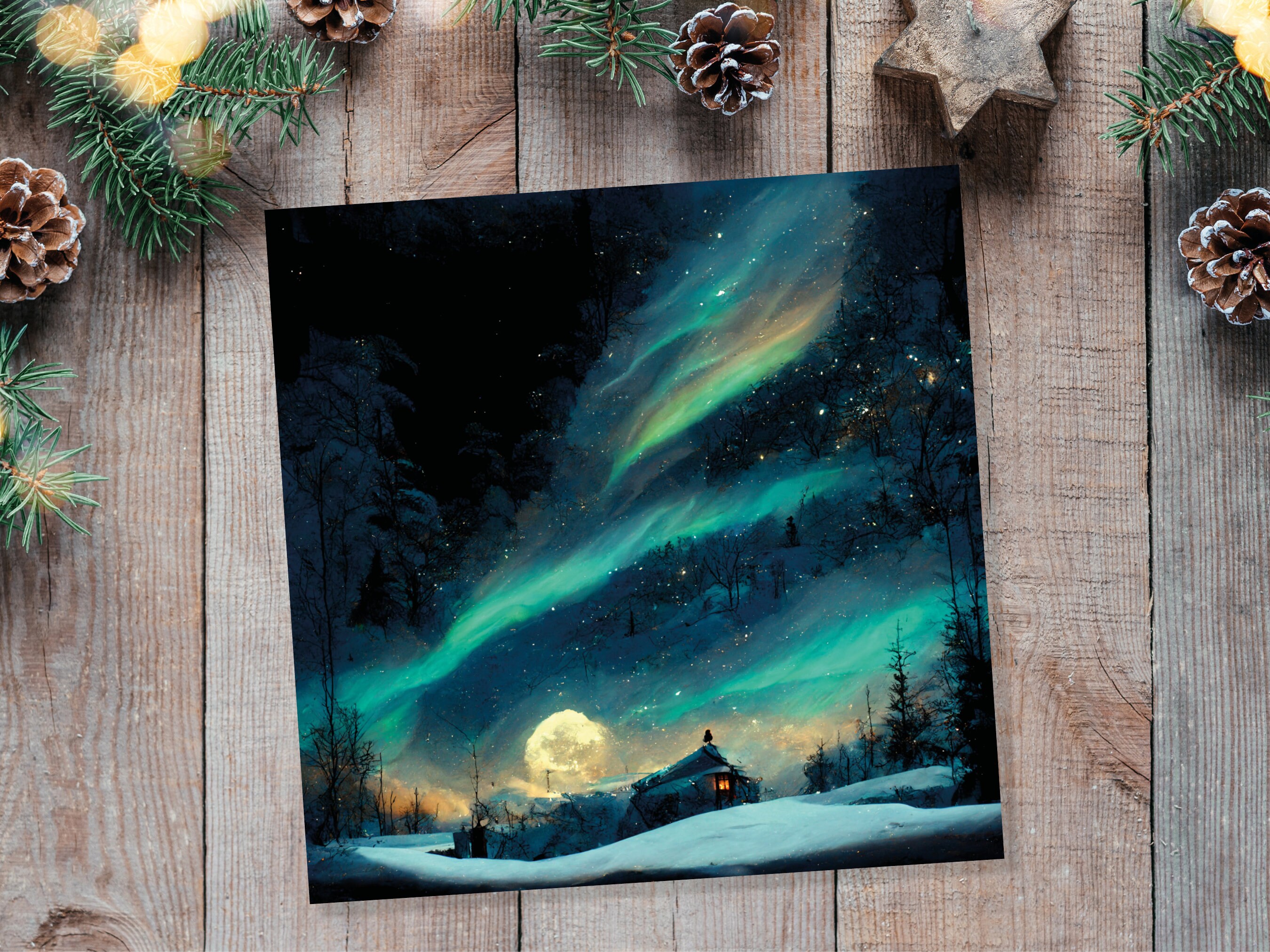 Aurora Borealis Card Northern Lights Moon Glowing Winter Sky Impressionist Painting Snow Scene Christmas Thank You Cards For Family Friends - View 6