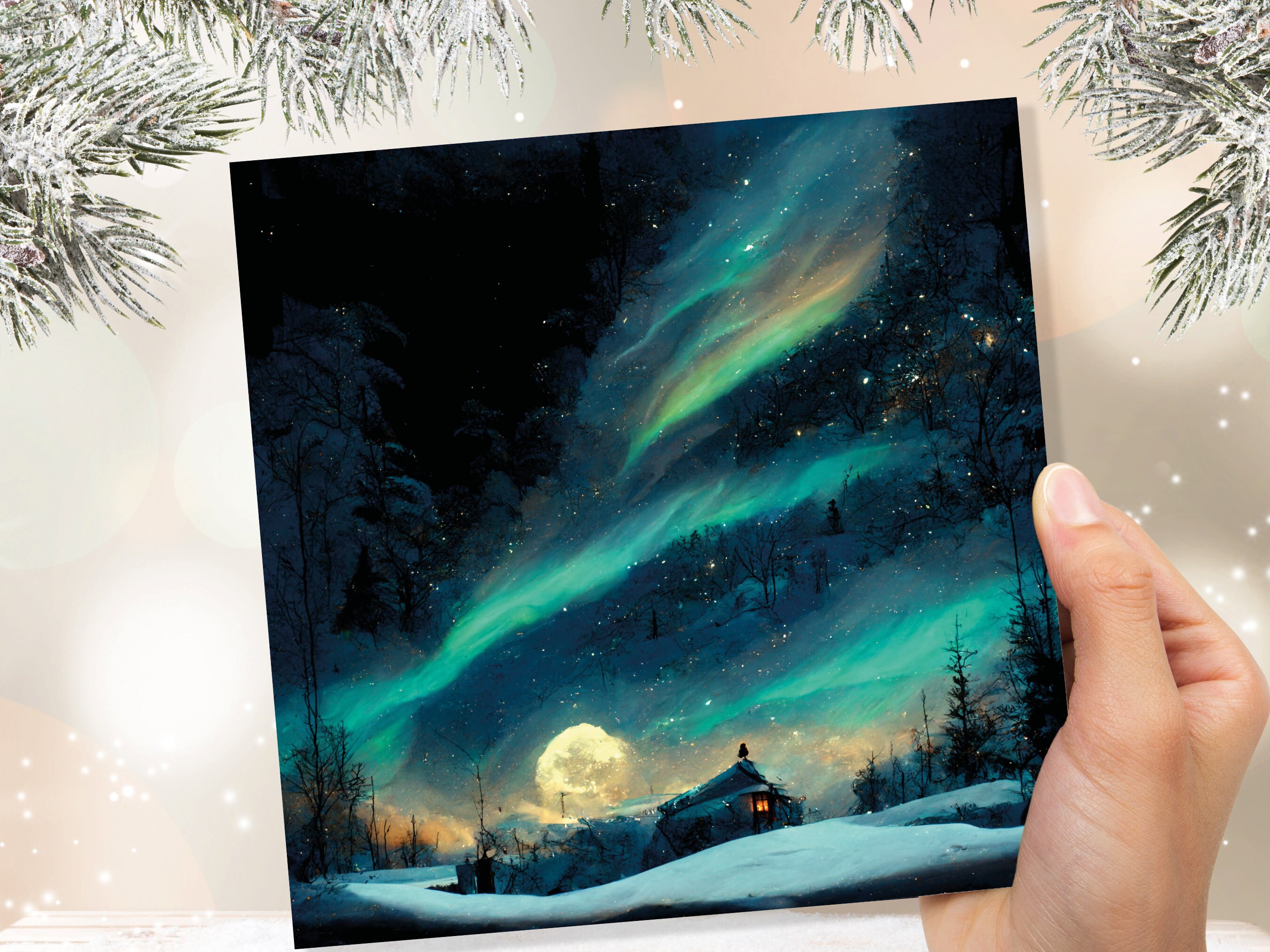 Aurora Borealis Card Northern Lights Moon Glowing Winter Sky Impressionist Painting Snow Scene Christmas Thank You Cards For Family Friends - View 7