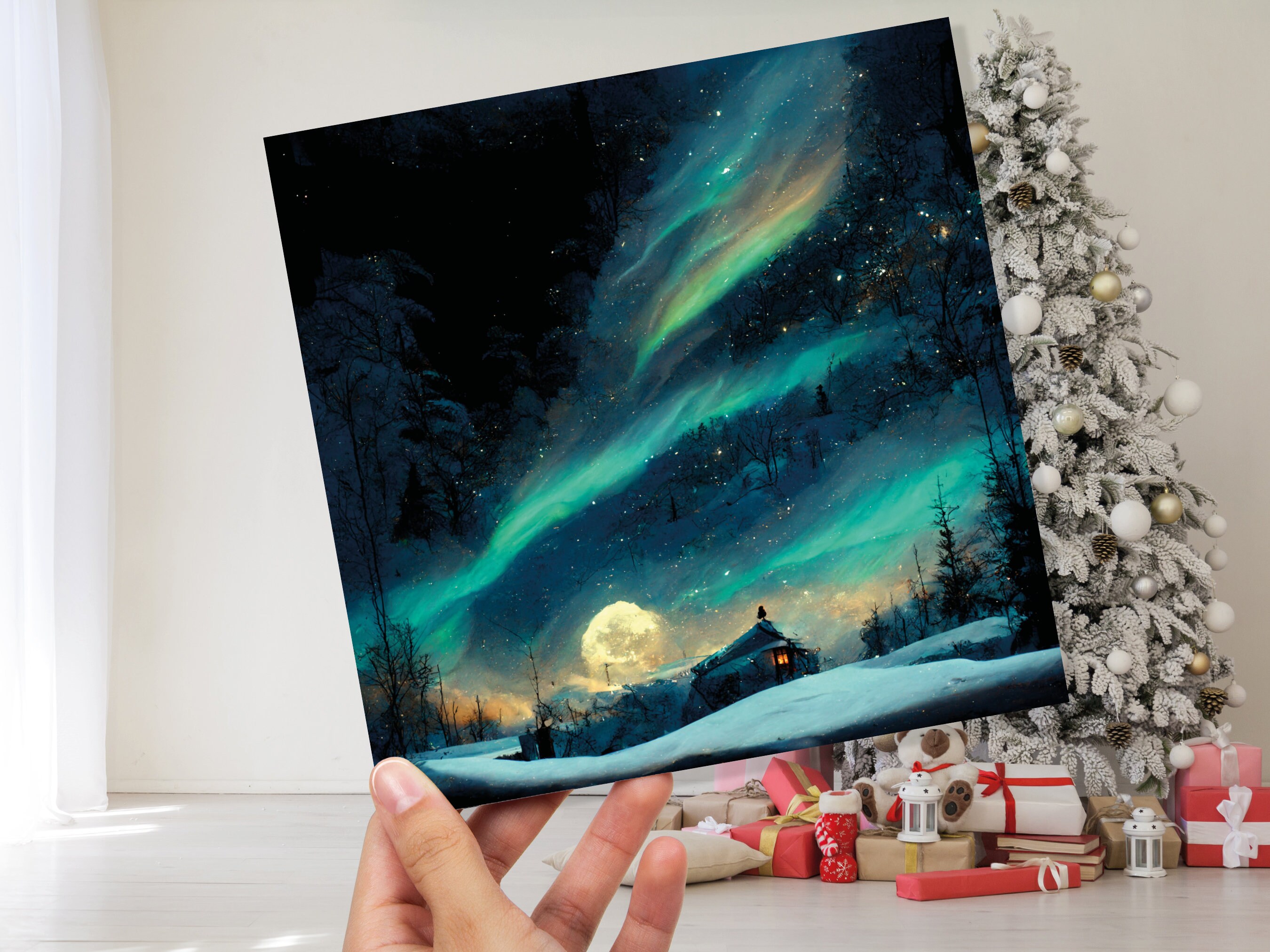 Aurora Borealis Card Northern Lights Moon Glowing Winter Sky Impressionist Painting Snow Scene Christmas Thank You Cards For Family Friends - View 8