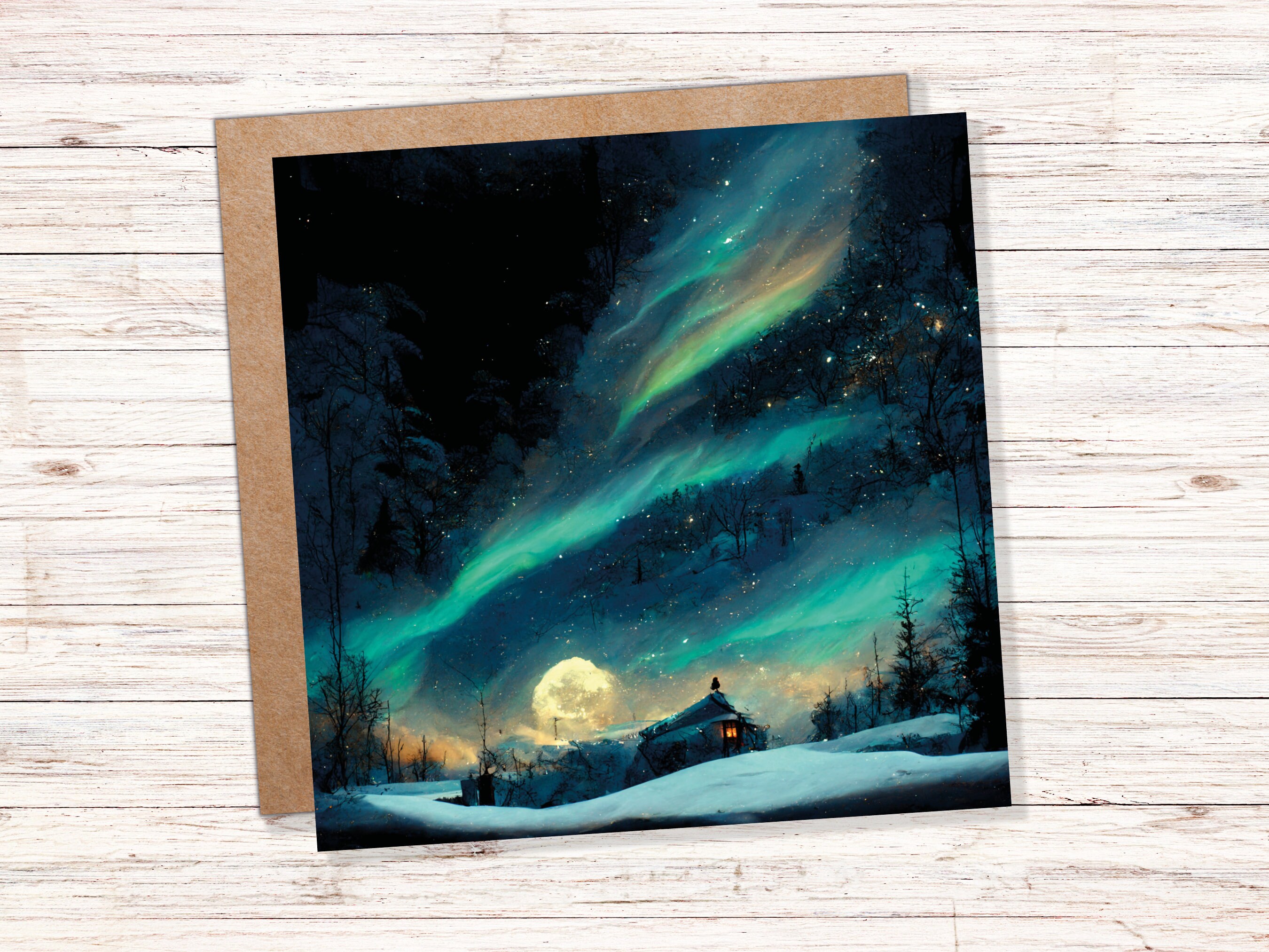 Aurora Borealis Card Northern Lights Moon Glowing Winter Sky Impressionist Painting Snow Scene Christmas Thank You Cards For Family Friends - View 9