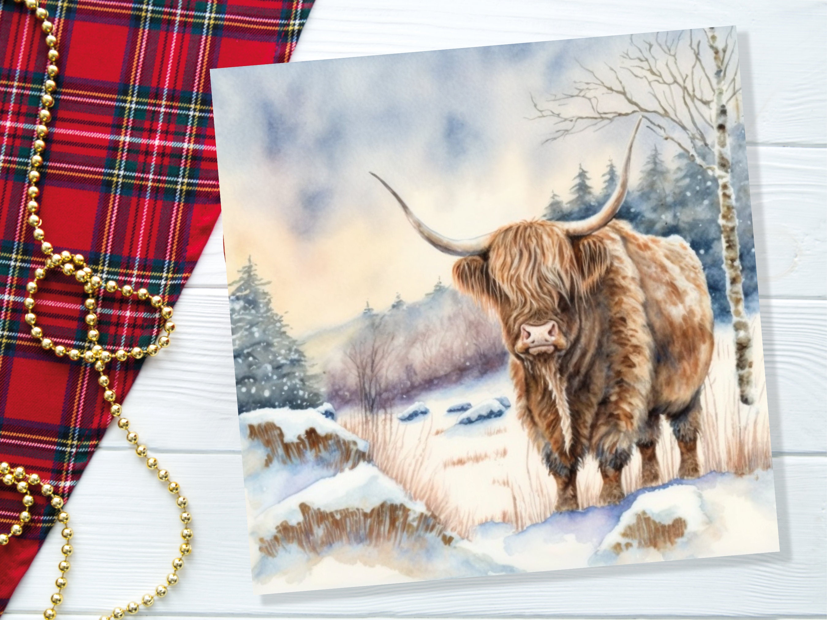 Highland Cow Cards Watercolour Winter Snow Scene Scottish Highlands Scenery Landscape Painting Cards Xmas 2024 Greetings Thank you Hairy Coo