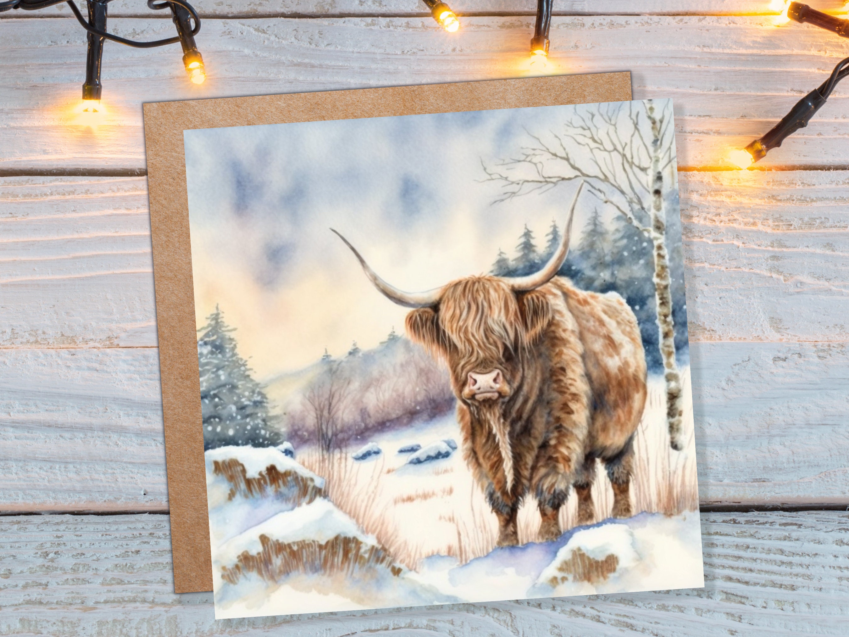 Highland Cow Cards Watercolour Winter Snow Scene Scottish Highlands Scenery Landscape Painting Cards Xmas 2024 Greetings Thank you Hairy Coo - View 2