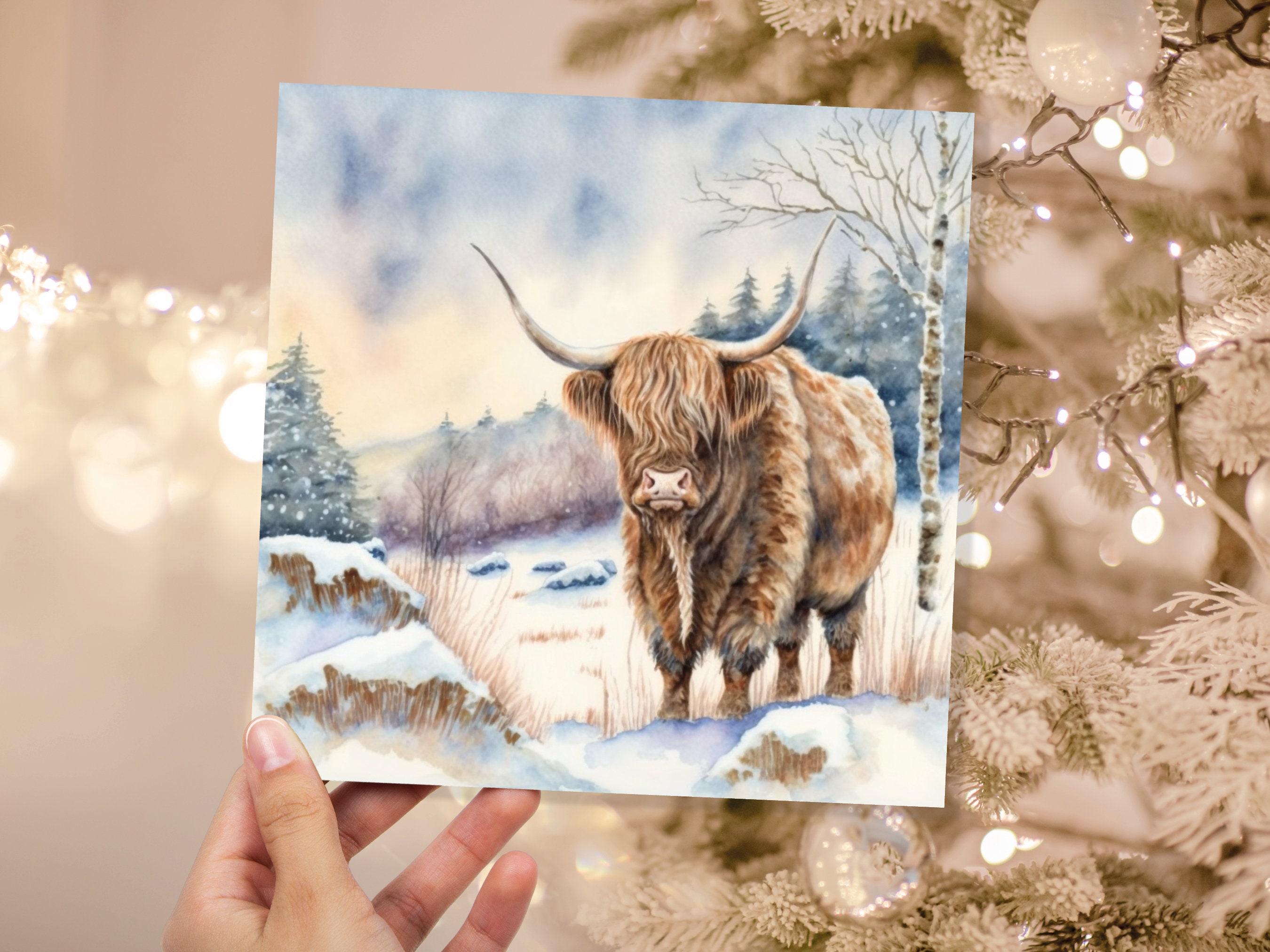 Highland Cow Cards Watercolour Winter Snow Scene Scottish Highlands Scenery Landscape Painting Cards Xmas 2024 Greetings Thank you Hairy Coo - View 3