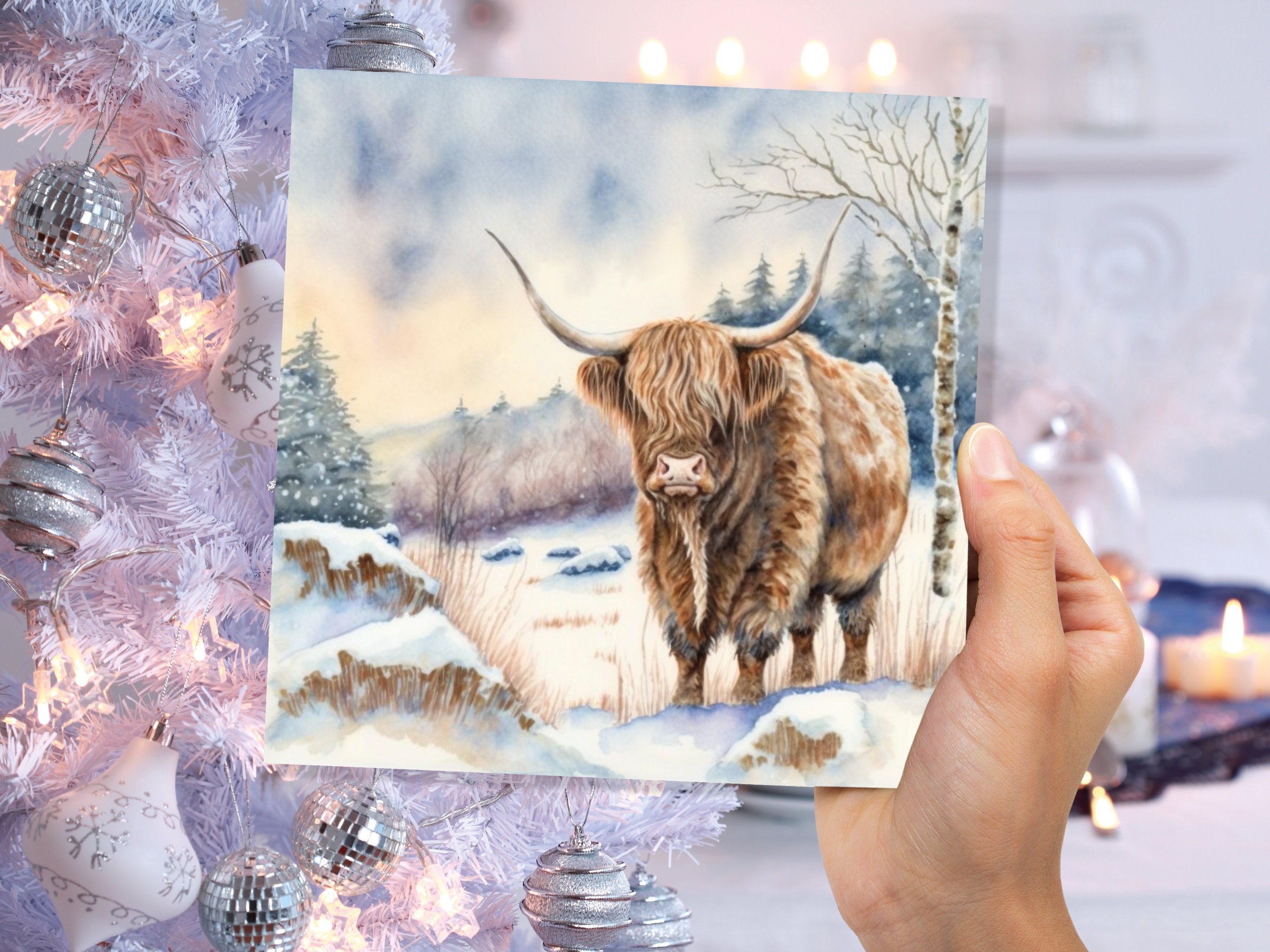 Highland Cow Cards Watercolour Winter Snow Scene Scottish Highlands Scenery Landscape Painting Cards Xmas 2024 Greetings Thank you Hairy Coo - View 4