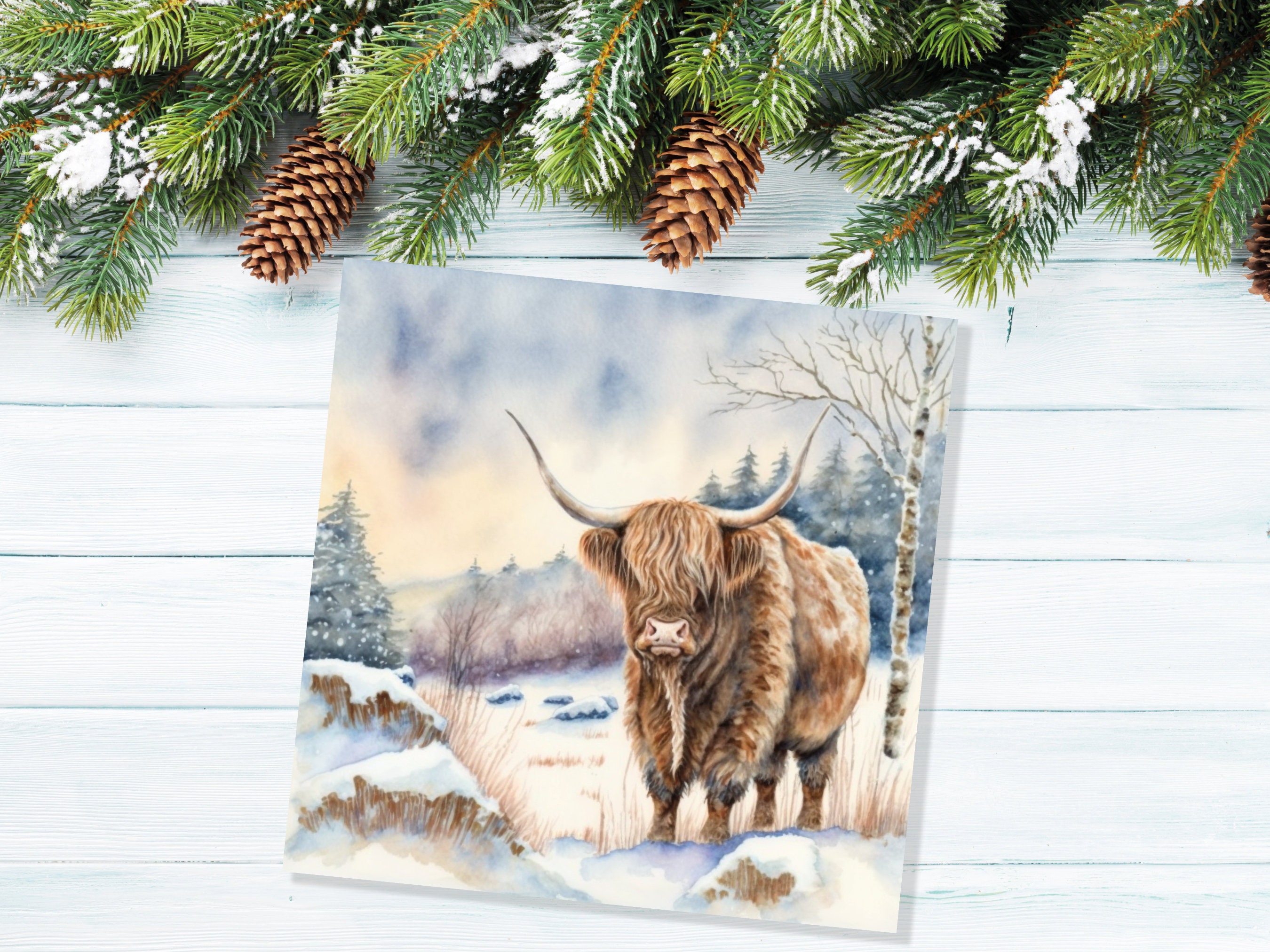 Highland Cow Cards Watercolour Winter Snow Scene Scottish Highlands Scenery Landscape Painting Cards Xmas 2024 Greetings Thank you Hairy Coo - View 5