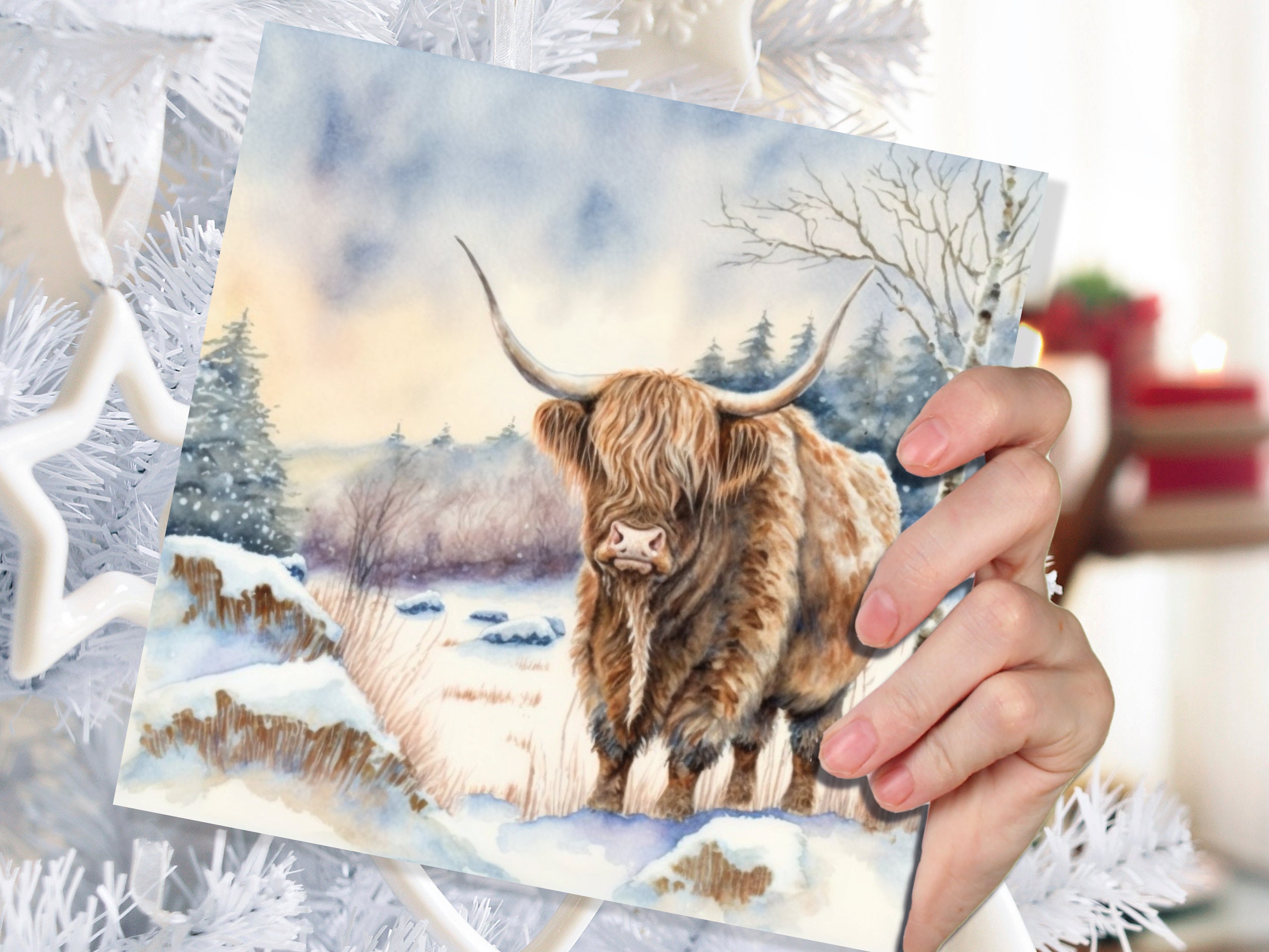 Highland Cow Cards Watercolour Winter Snow Scene Scottish Highlands Scenery Landscape Painting Cards Xmas 2024 Greetings Thank you Hairy Coo - View 6