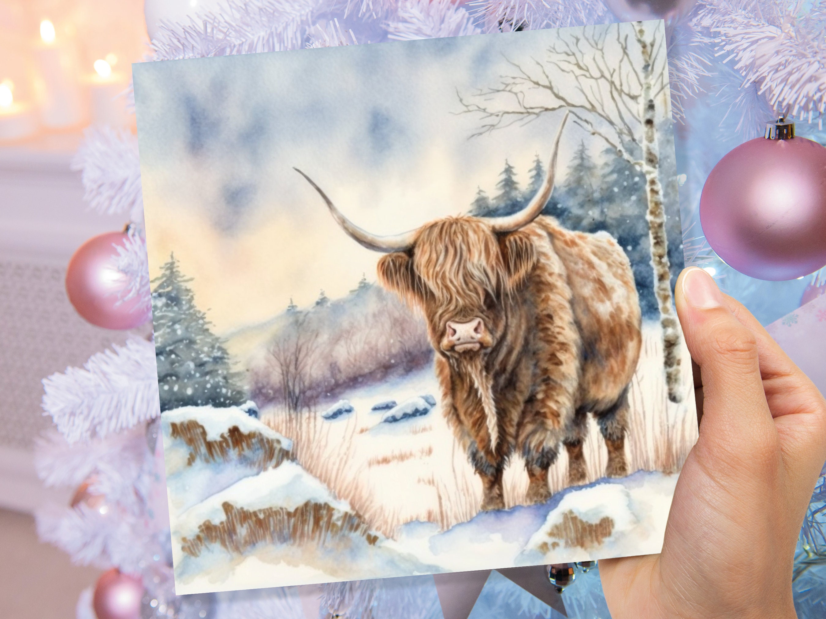 Highland Cow Cards Watercolour Winter Snow Scene Scottish Highlands Scenery Landscape Painting Cards Xmas 2024 Greetings Thank you Hairy Coo - View 7