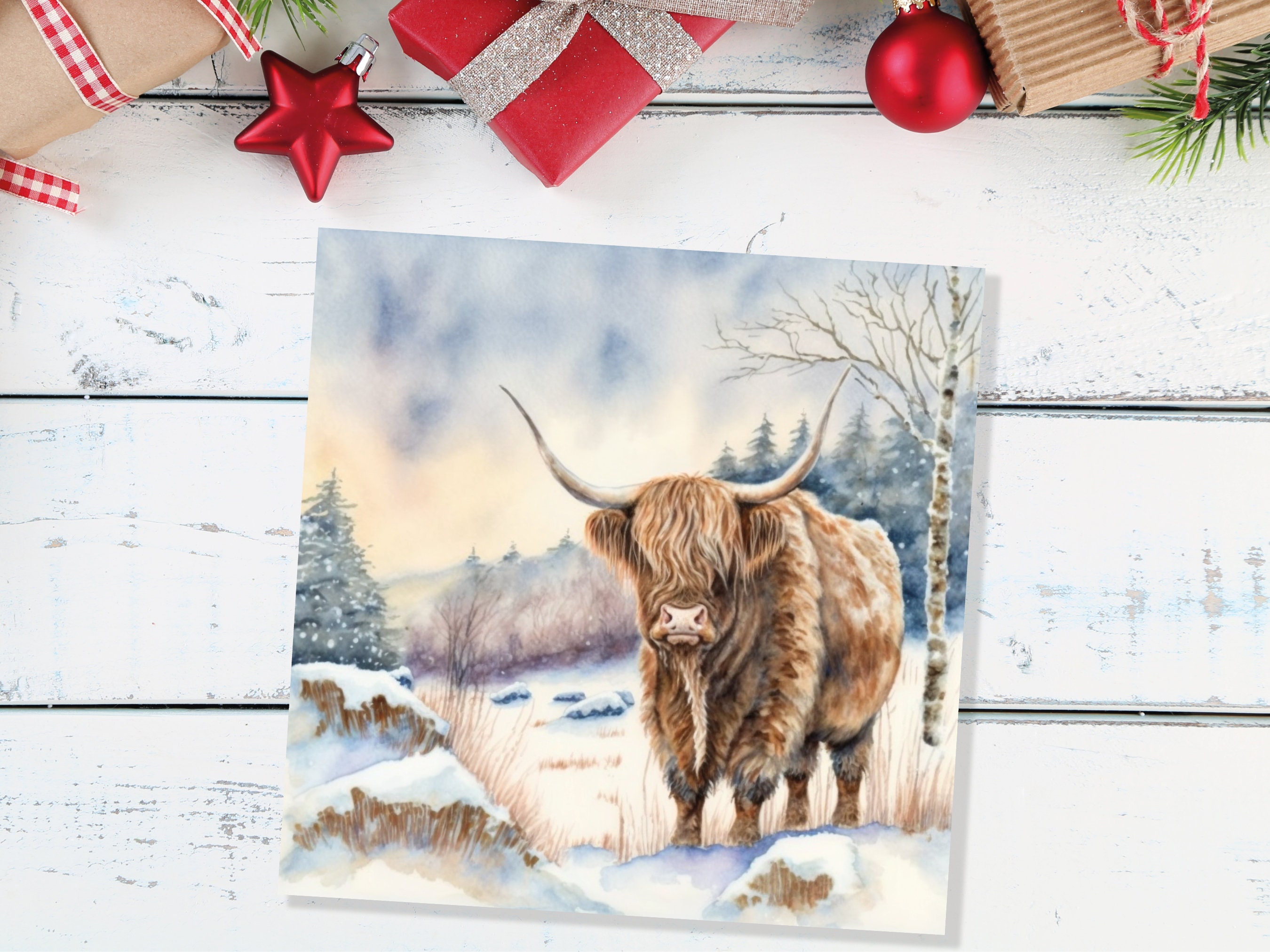 Highland Cow Cards Watercolour Winter Snow Scene Scottish Highlands Scenery Landscape Painting Cards Xmas 2024 Greetings Thank you Hairy Coo - View 8