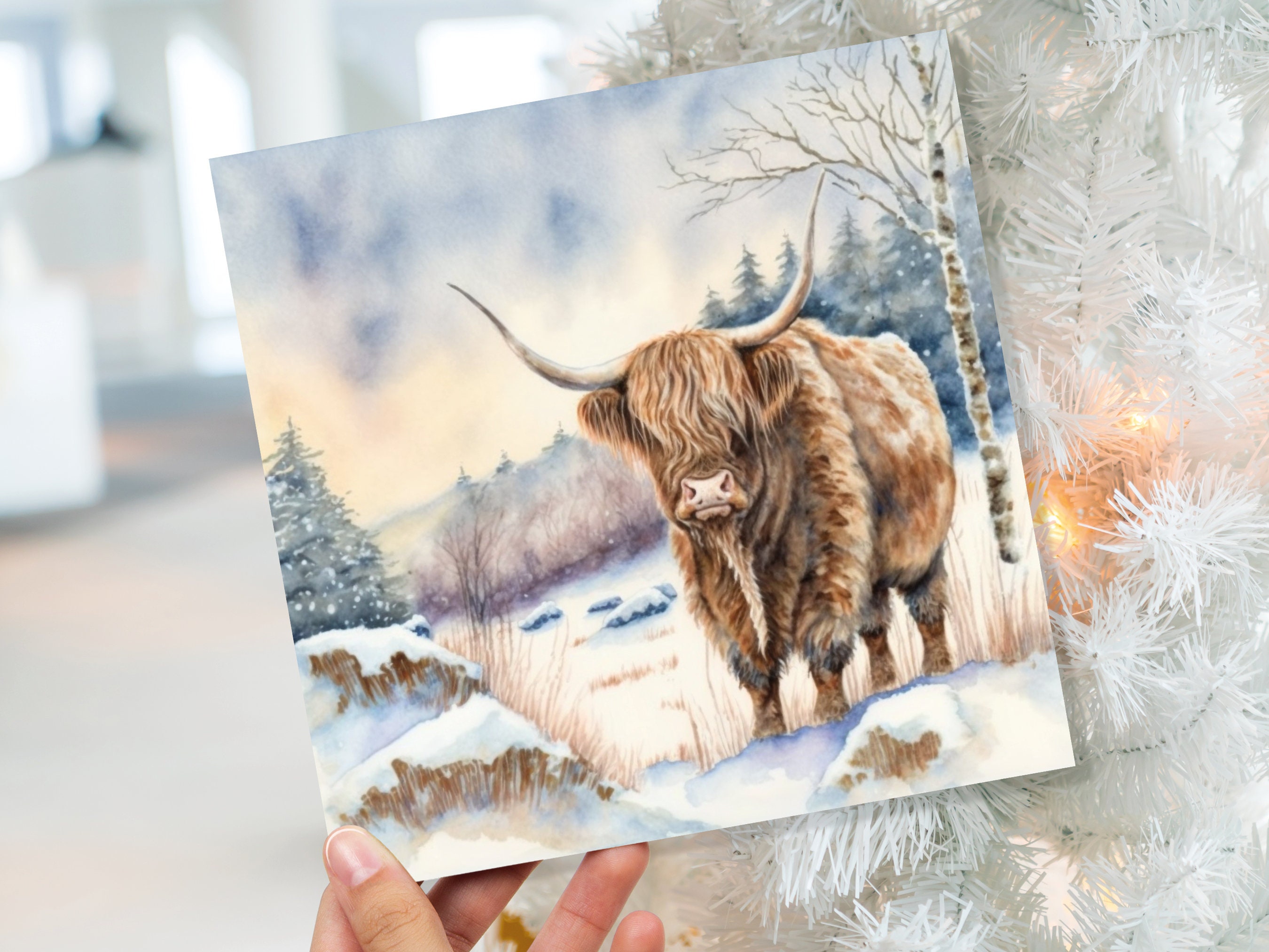 Highland Cow Cards Watercolour Winter Snow Scene Scottish Highlands Scenery Landscape Painting Cards Xmas 2024 Greetings Thank you Hairy Coo - View 9