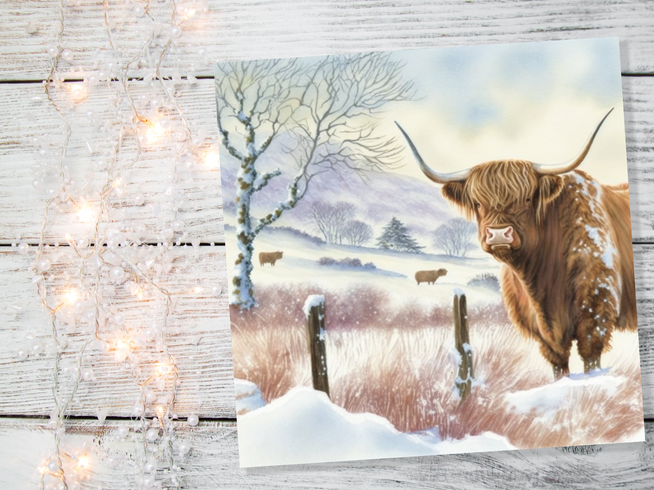 Watercolour Highland Cow Cards Scottish Highlands Winter Snow Scene Snowy Scenery Painting Farm Cards For Family Friends Xmas 2024 Thank You