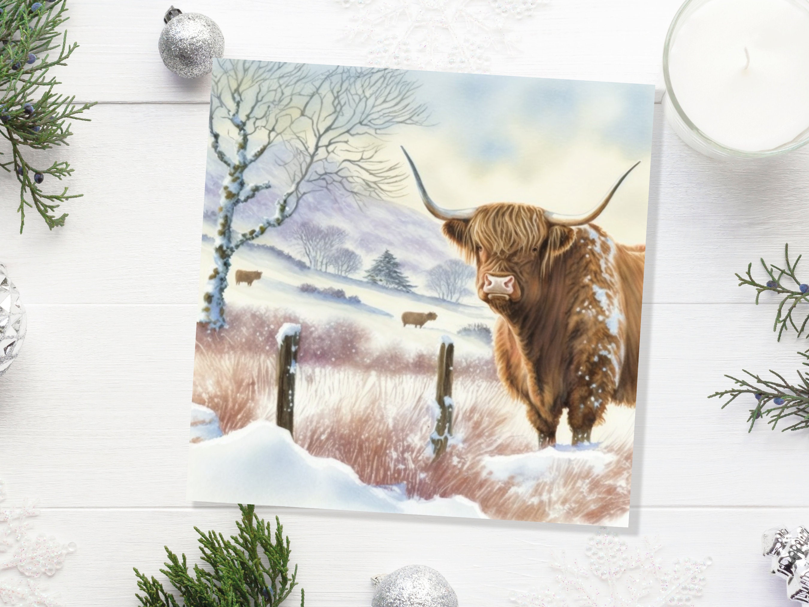 Watercolour Highland Cow Cards Scottish Highlands Winter Snow Scene Snowy Scenery Painting Farm Cards For Family Friends Xmas 2024 Thank You - View 2