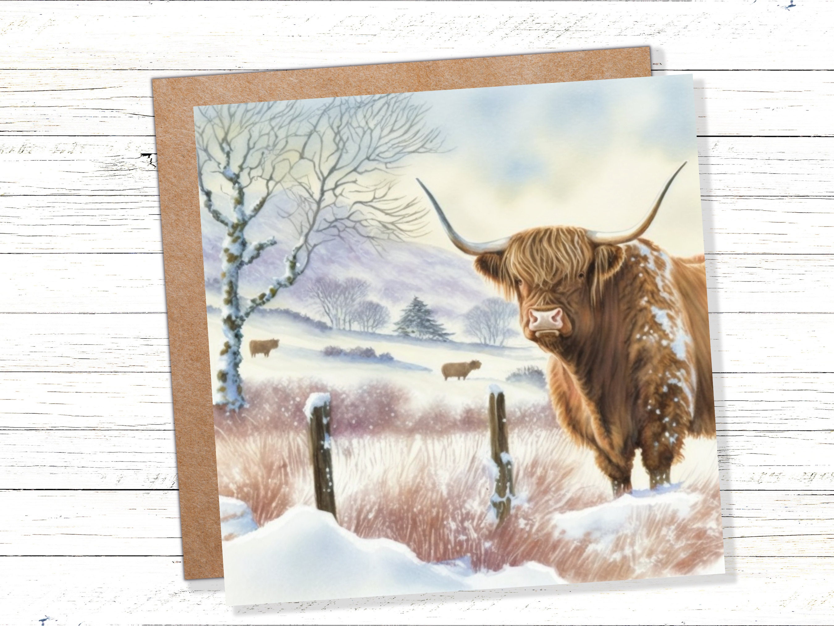 Watercolour Highland Cow Cards Scottish Highlands Winter Snow Scene Snowy Scenery Painting Farm Cards For Family Friends Xmas 2024 Thank You - View 3