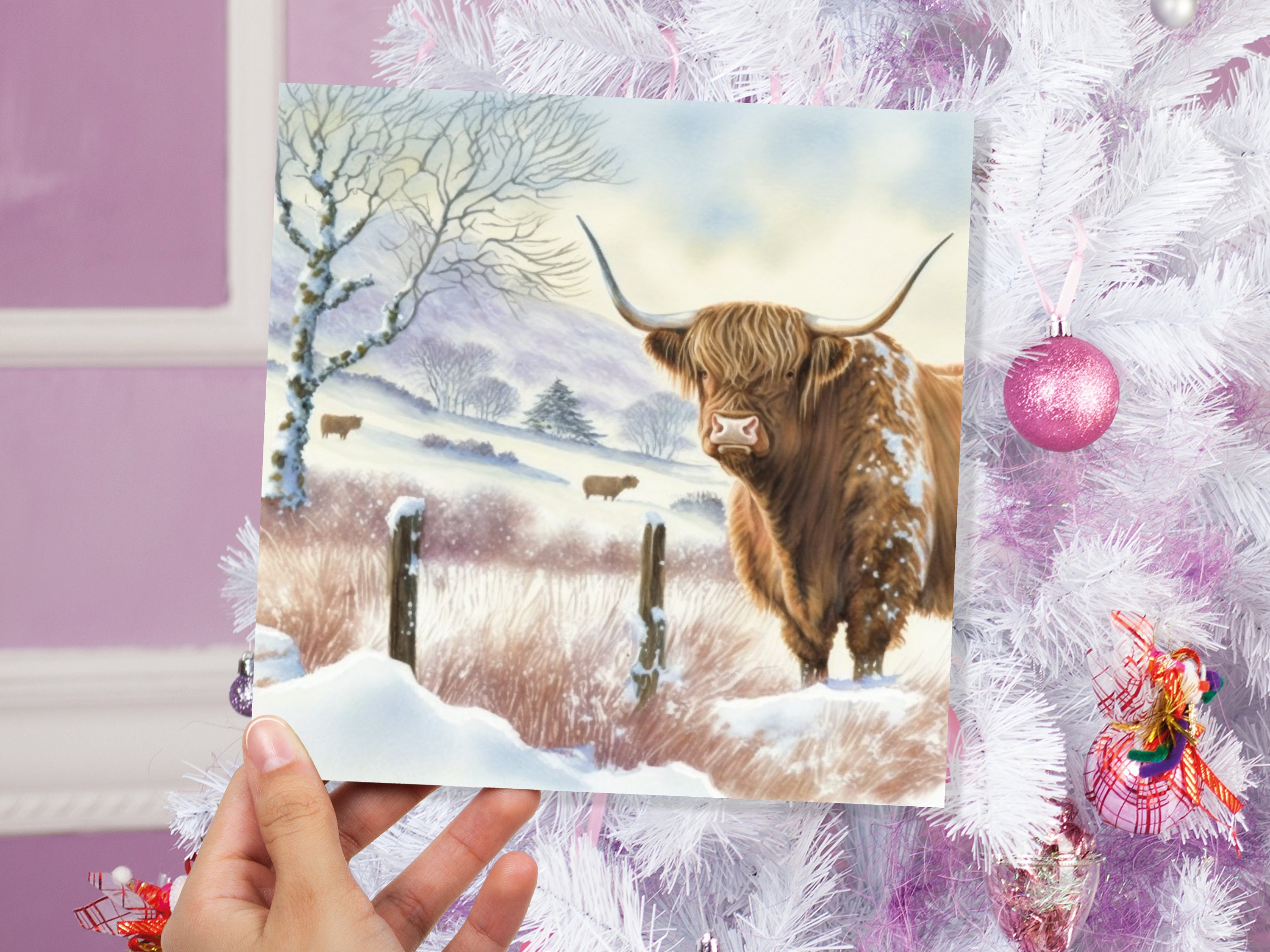 Watercolour Highland Cow Cards Scottish Highlands Winter Snow Scene Snowy Scenery Painting Farm Cards For Family Friends Xmas 2024 Thank You - View 4