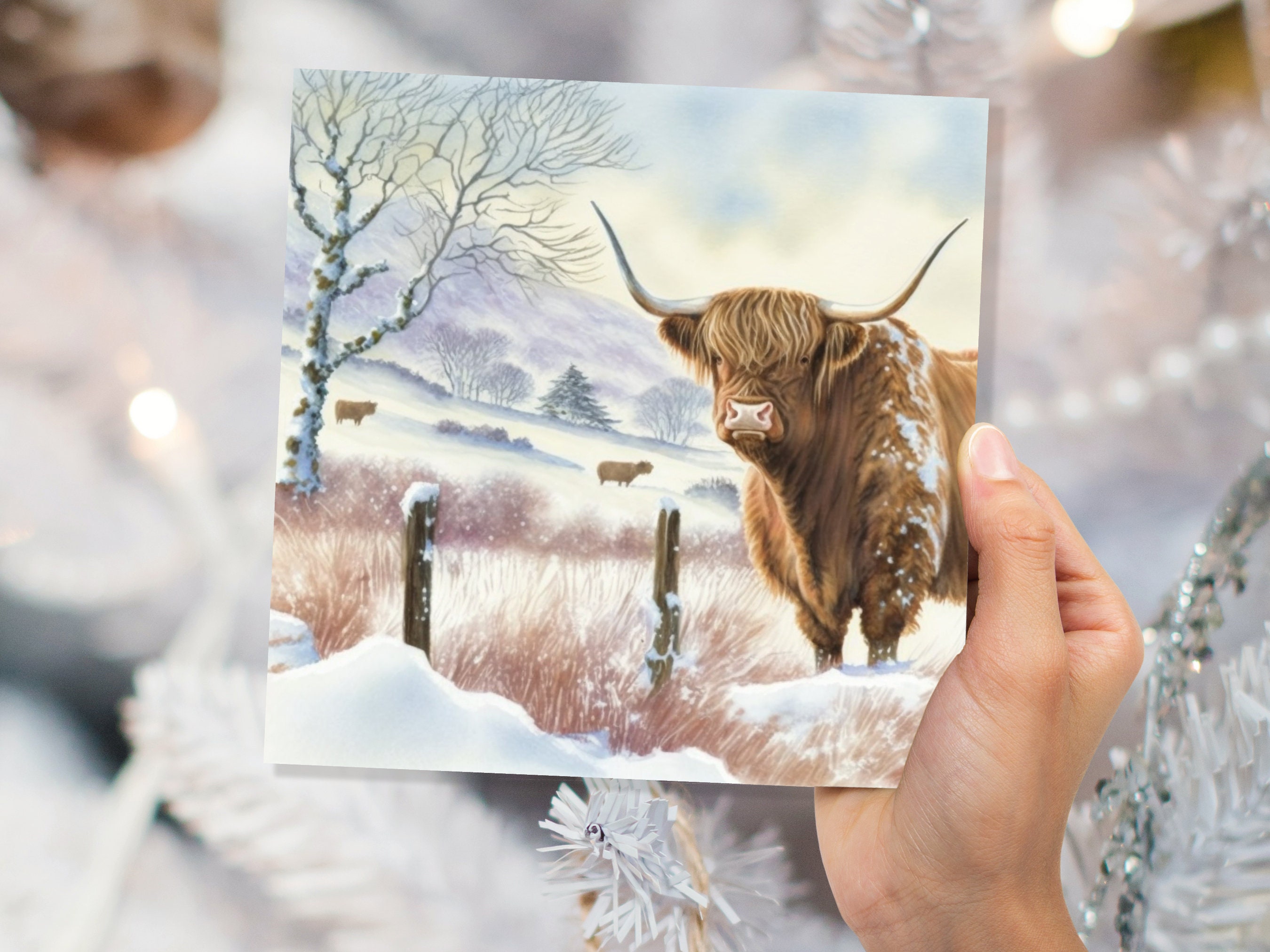 Watercolour Highland Cow Cards Scottish Highlands Winter Snow Scene Snowy Scenery Painting Farm Cards For Family Friends Xmas 2024 Thank You - View 5