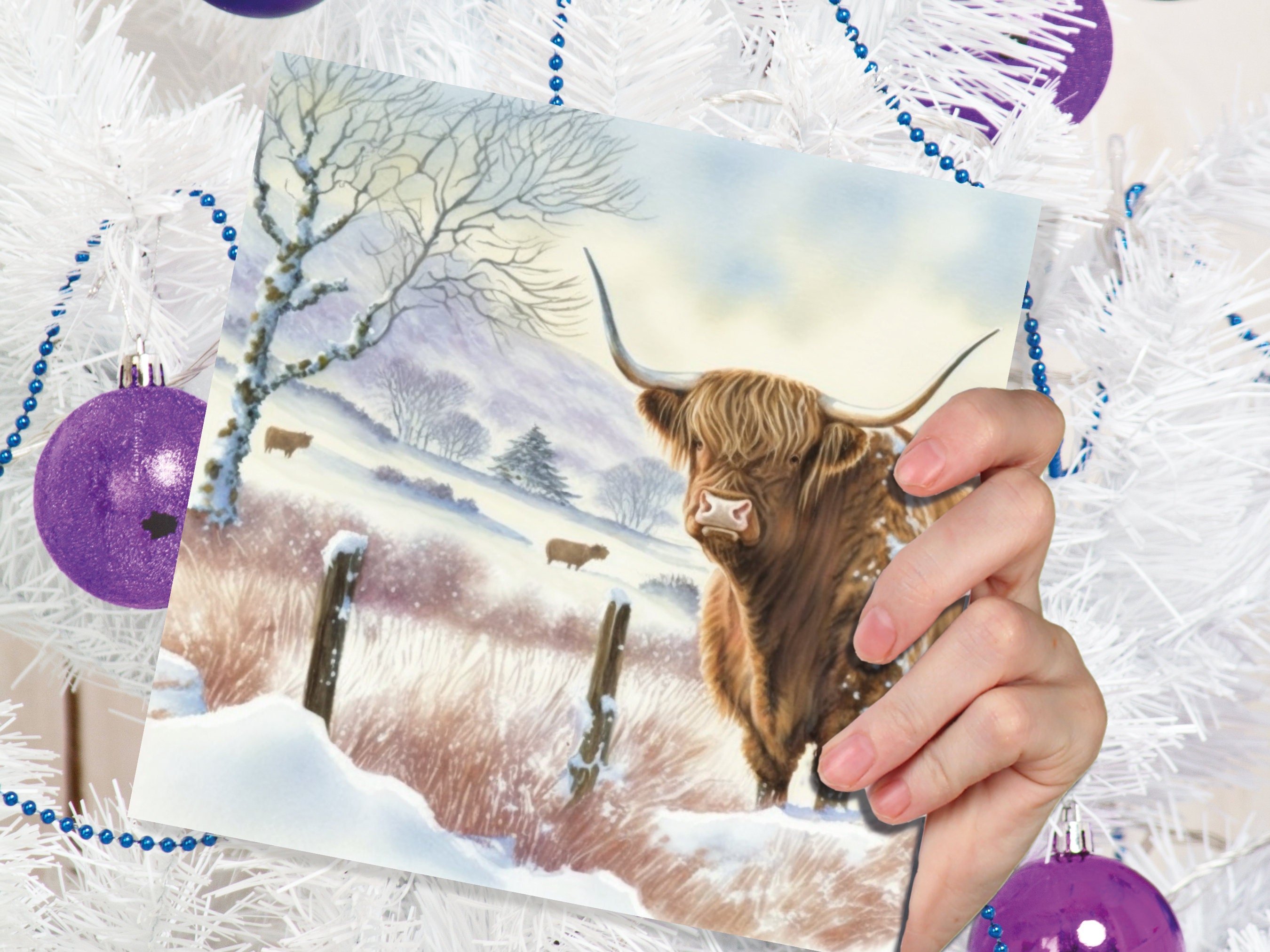 Watercolour Highland Cow Cards Scottish Highlands Winter Snow Scene Snowy Scenery Painting Farm Cards For Family Friends Xmas 2024 Thank You - View 6