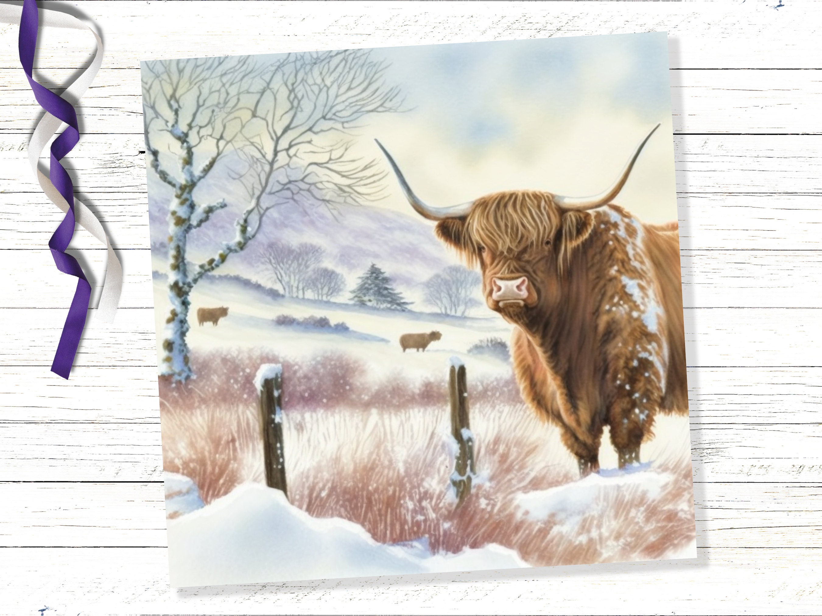 Watercolour Highland Cow Cards Scottish Highlands Winter Snow Scene Snowy Scenery Painting Farm Cards For Family Friends Xmas 2024 Thank You - View 7