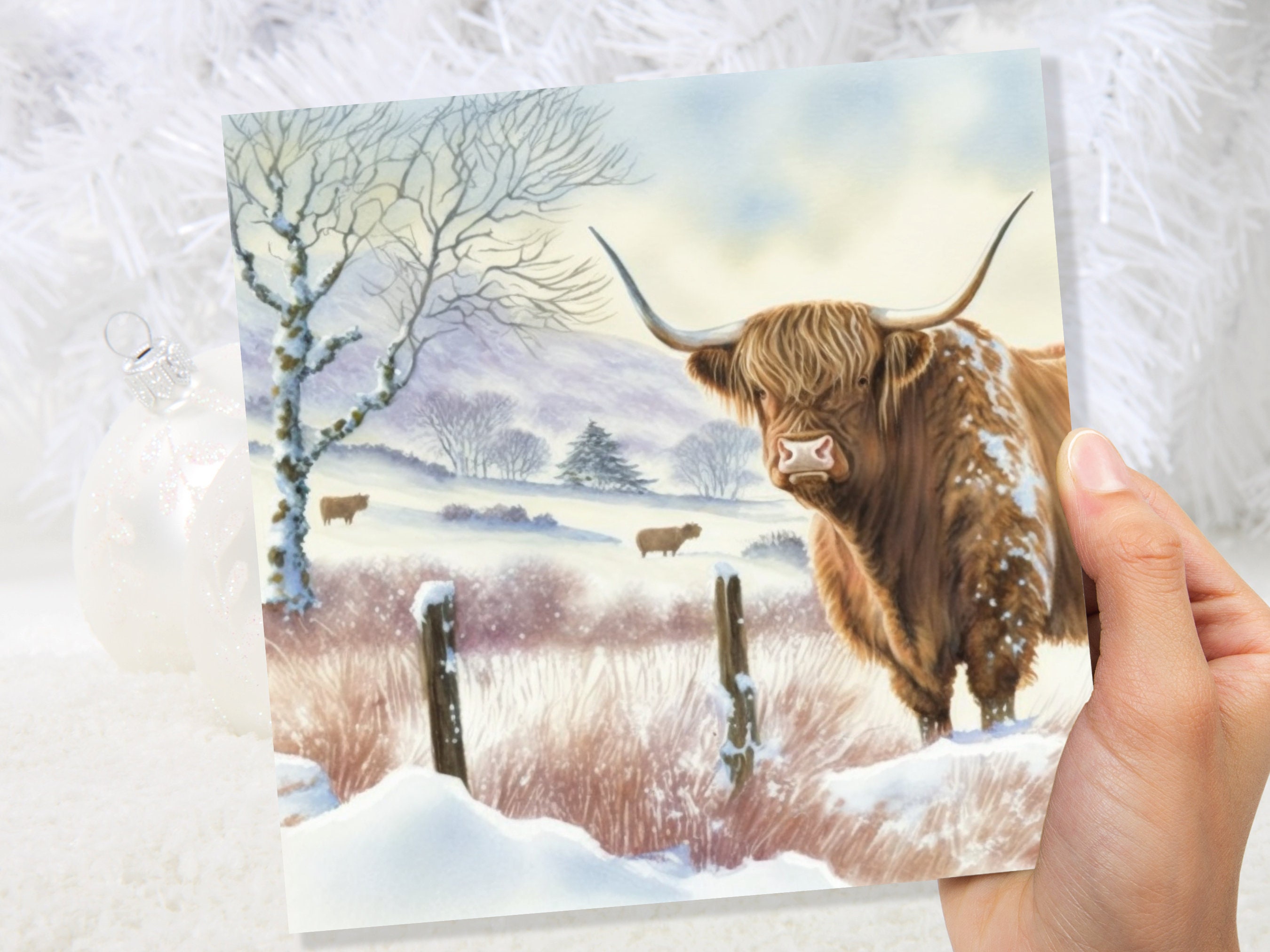 Watercolour Highland Cow Cards Scottish Highlands Winter Snow Scene Snowy Scenery Painting Farm Cards For Family Friends Xmas 2024 Thank You - View 8