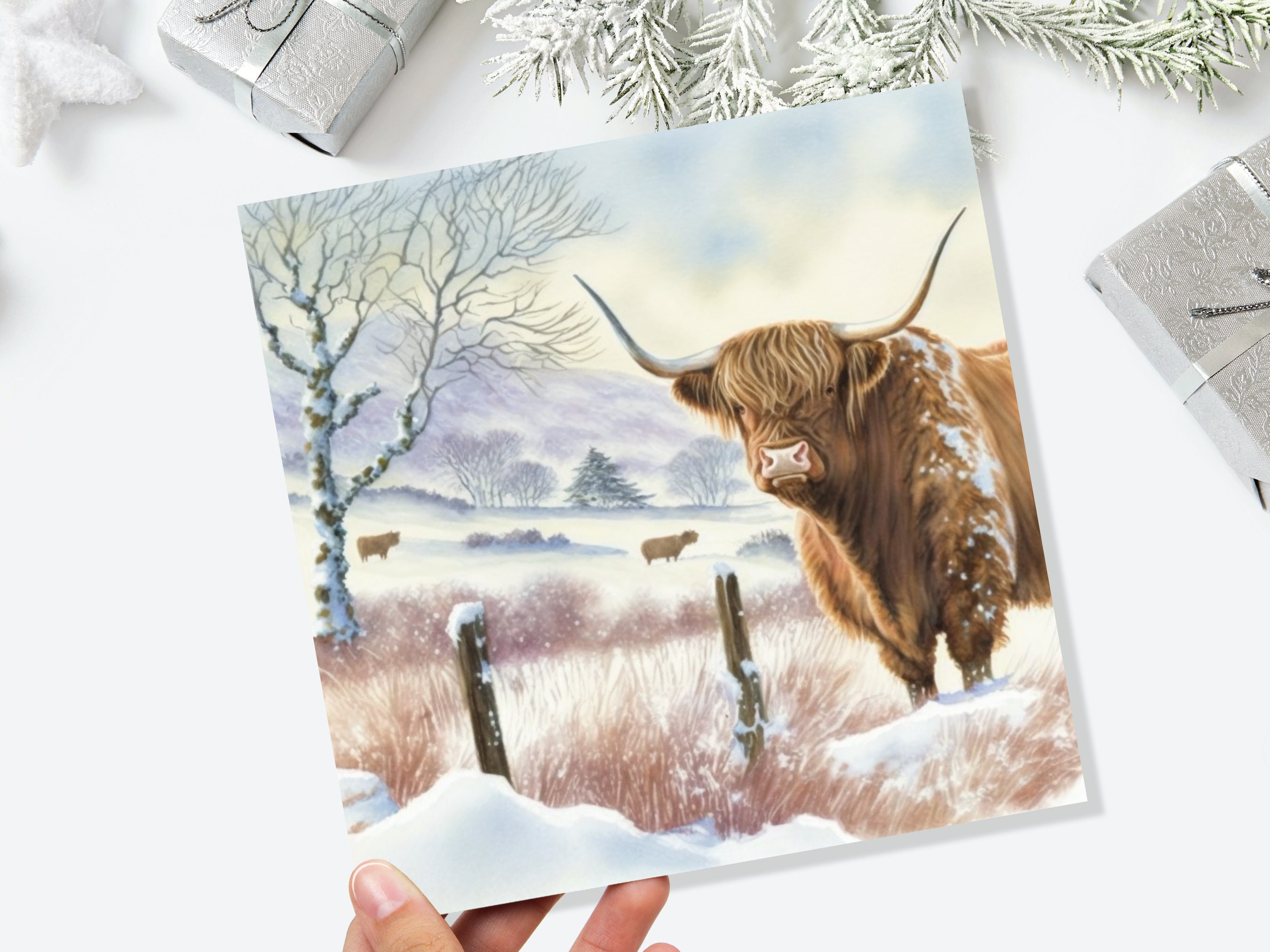 Watercolour Highland Cow Cards Scottish Highlands Winter Snow Scene Snowy Scenery Painting Farm Cards For Family Friends Xmas 2024 Thank You - View 9