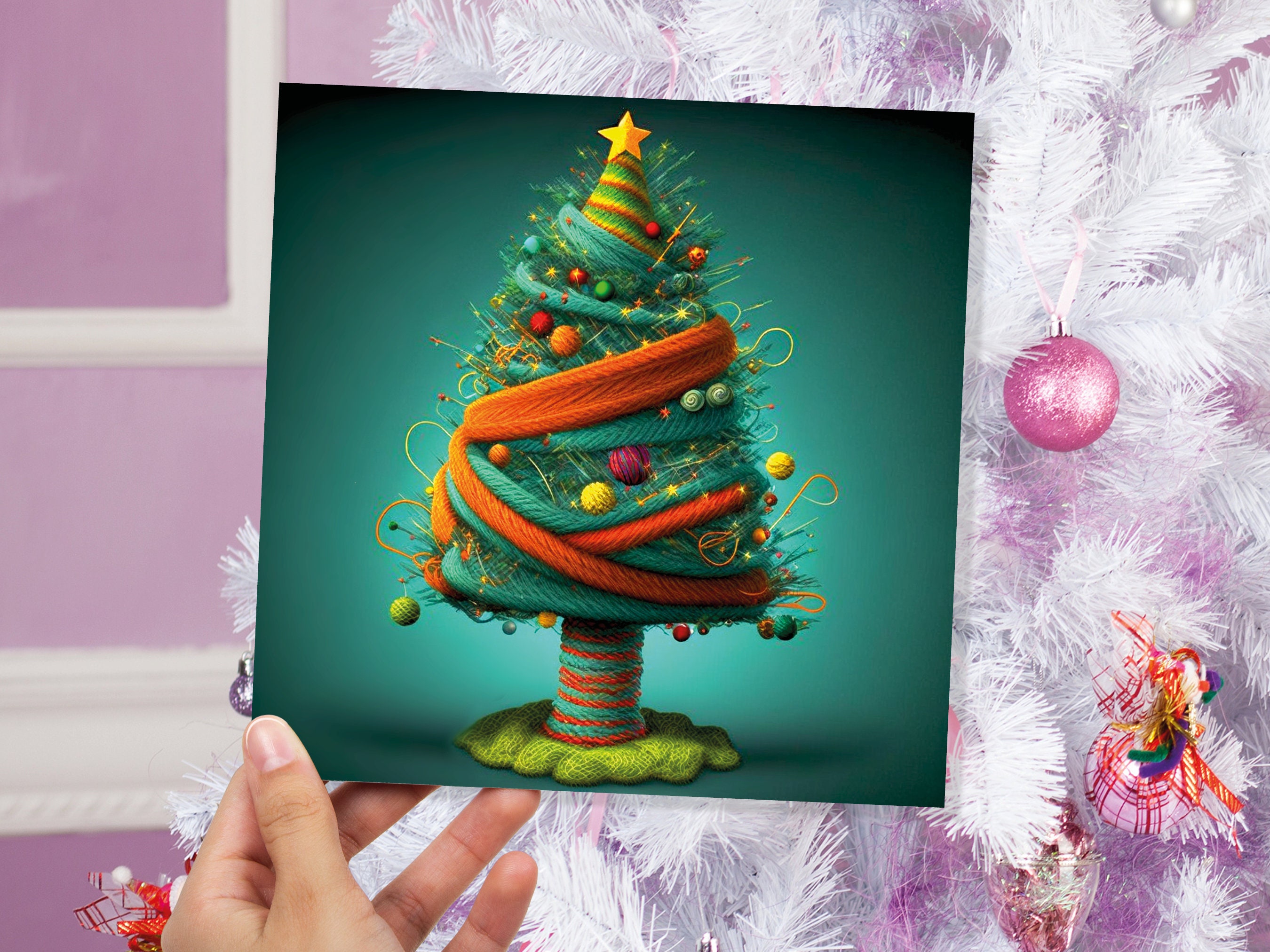 Knitters Christmas Tree Card Knitted Knitting Crochet Yarn Wool Crafters Crafting Woollen Bobbles Felt Xmas Cards For Family Friends 2024 - View 2