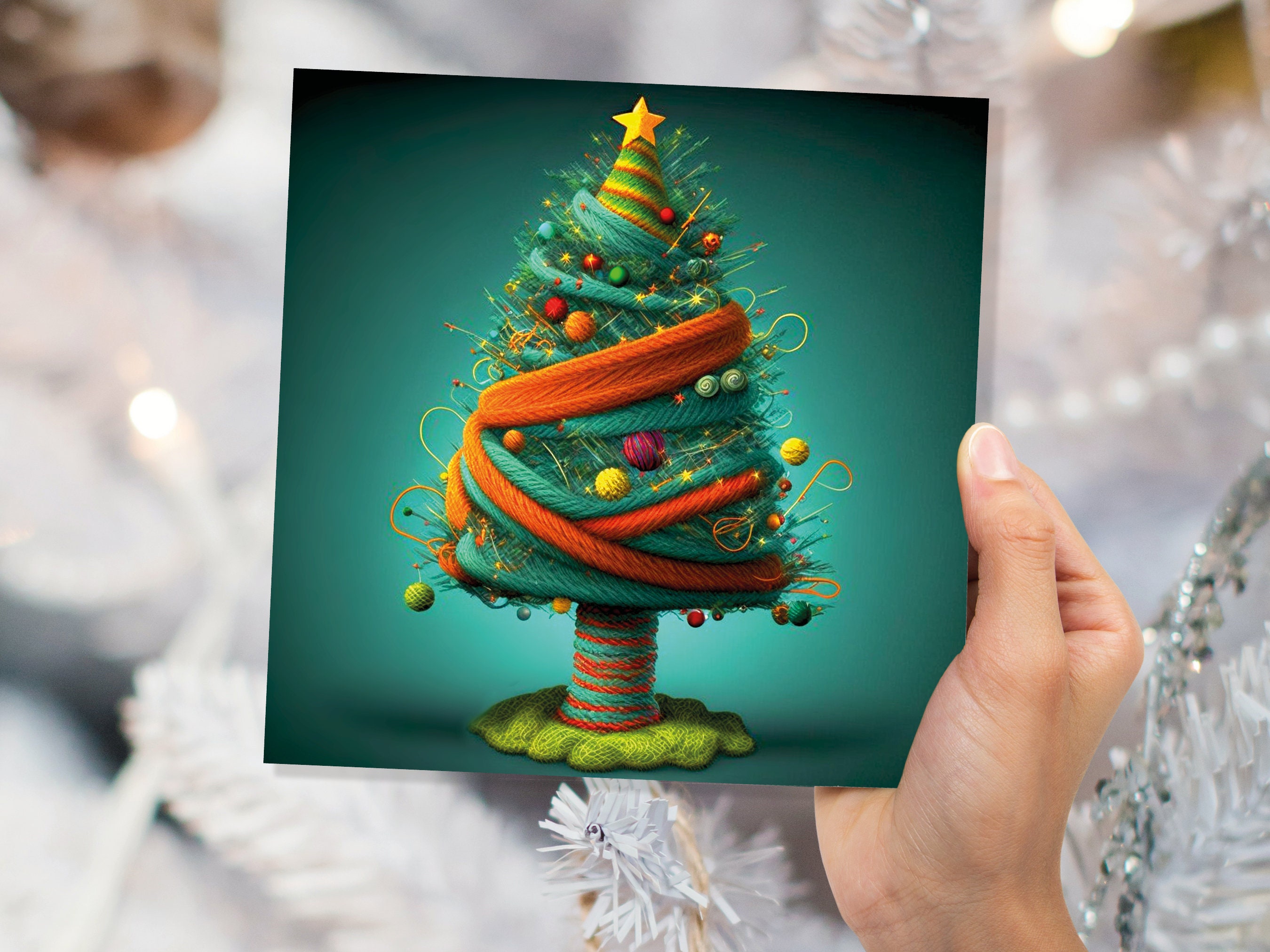 Knitters Christmas Tree Card Knitted Knitting Crochet Yarn Wool Crafters Crafting Woollen Bobbles Felt Xmas Cards For Family Friends 2024 - View 3