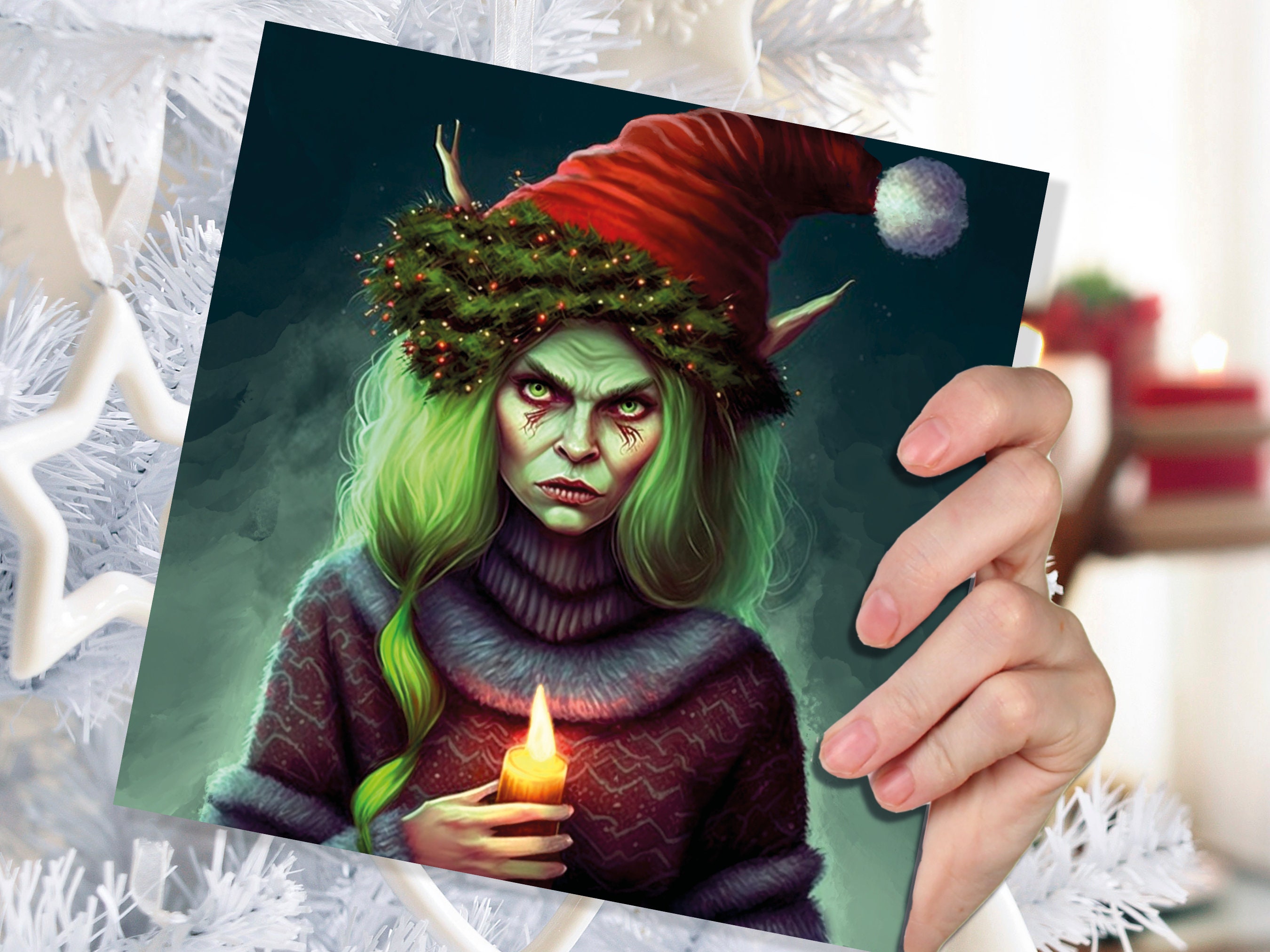 Female Krampus Christmas Card Resting Witch Face Witchy Horror Gothic Goth Pagan Santa Hat Dark Fantasy Greetings Family Friends Xmas 2024