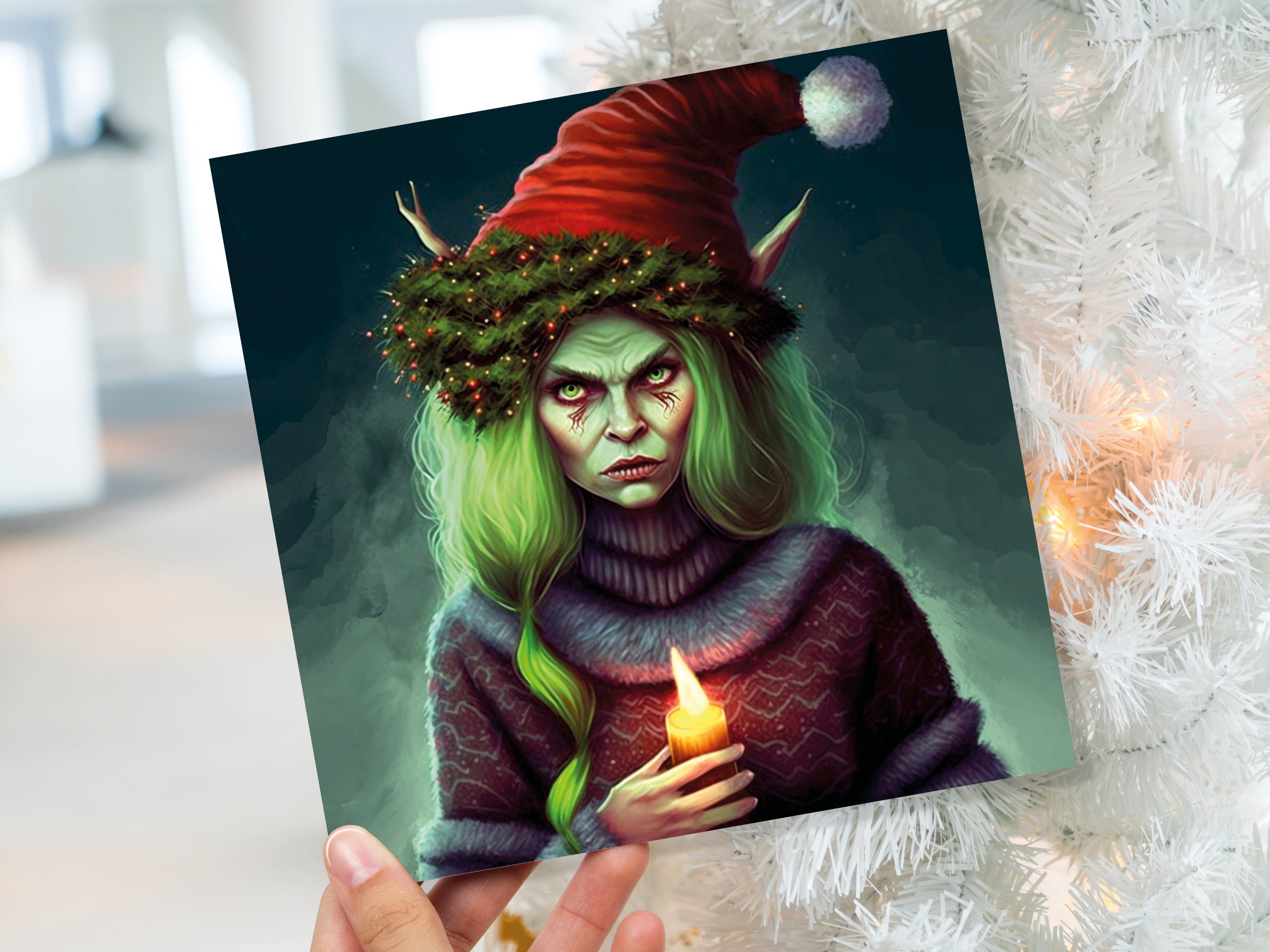 Female Krampus Christmas Card Resting Witch Face Witchy Horror Gothic Goth Pagan Santa Hat Dark Fantasy Greetings Family Friends Xmas 2024 - View 2