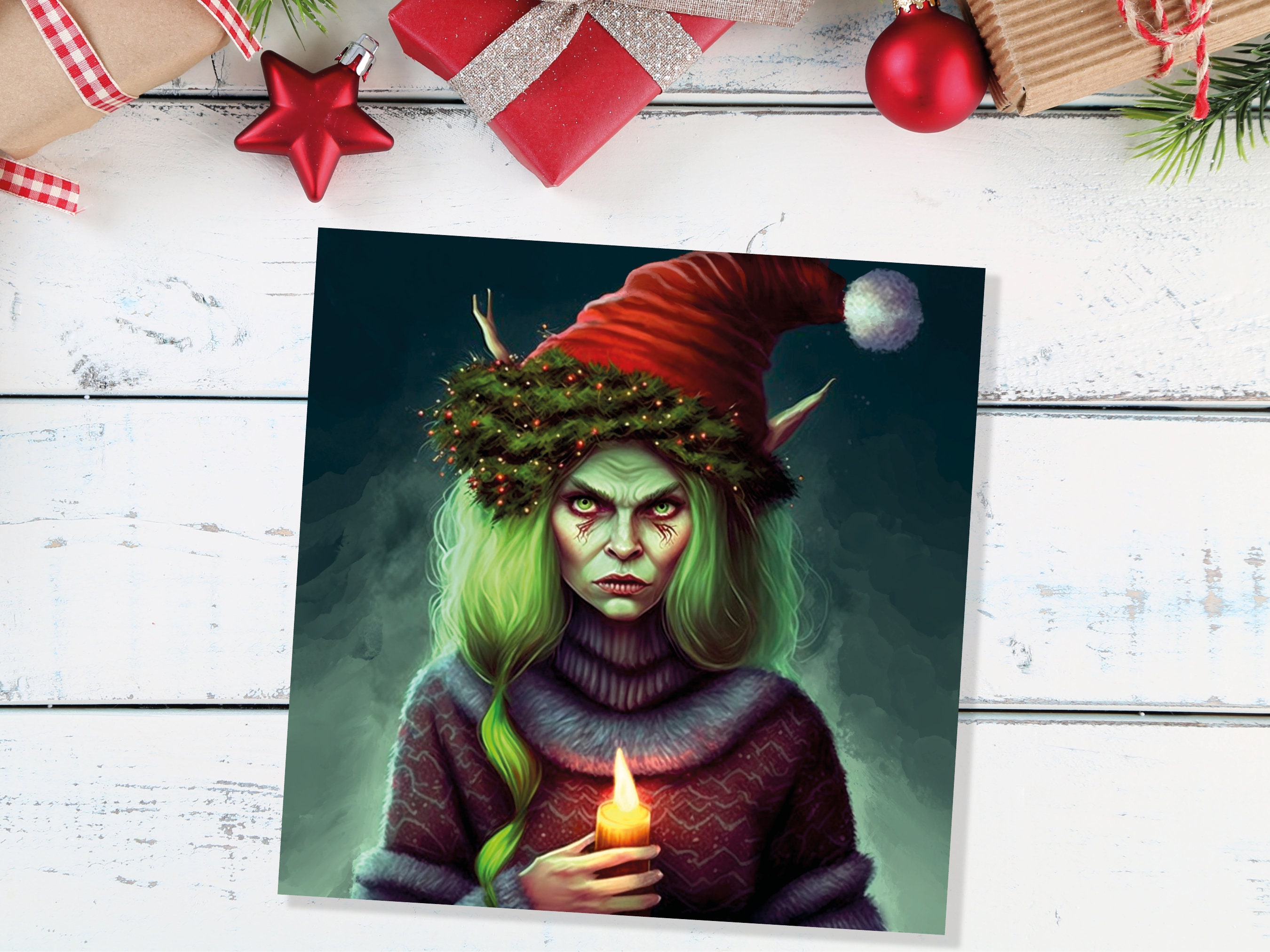 Female Krampus Christmas Card Resting Witch Face Witchy Horror Gothic Goth Pagan Santa Hat Dark Fantasy Greetings Family Friends Xmas 2024 - View 3