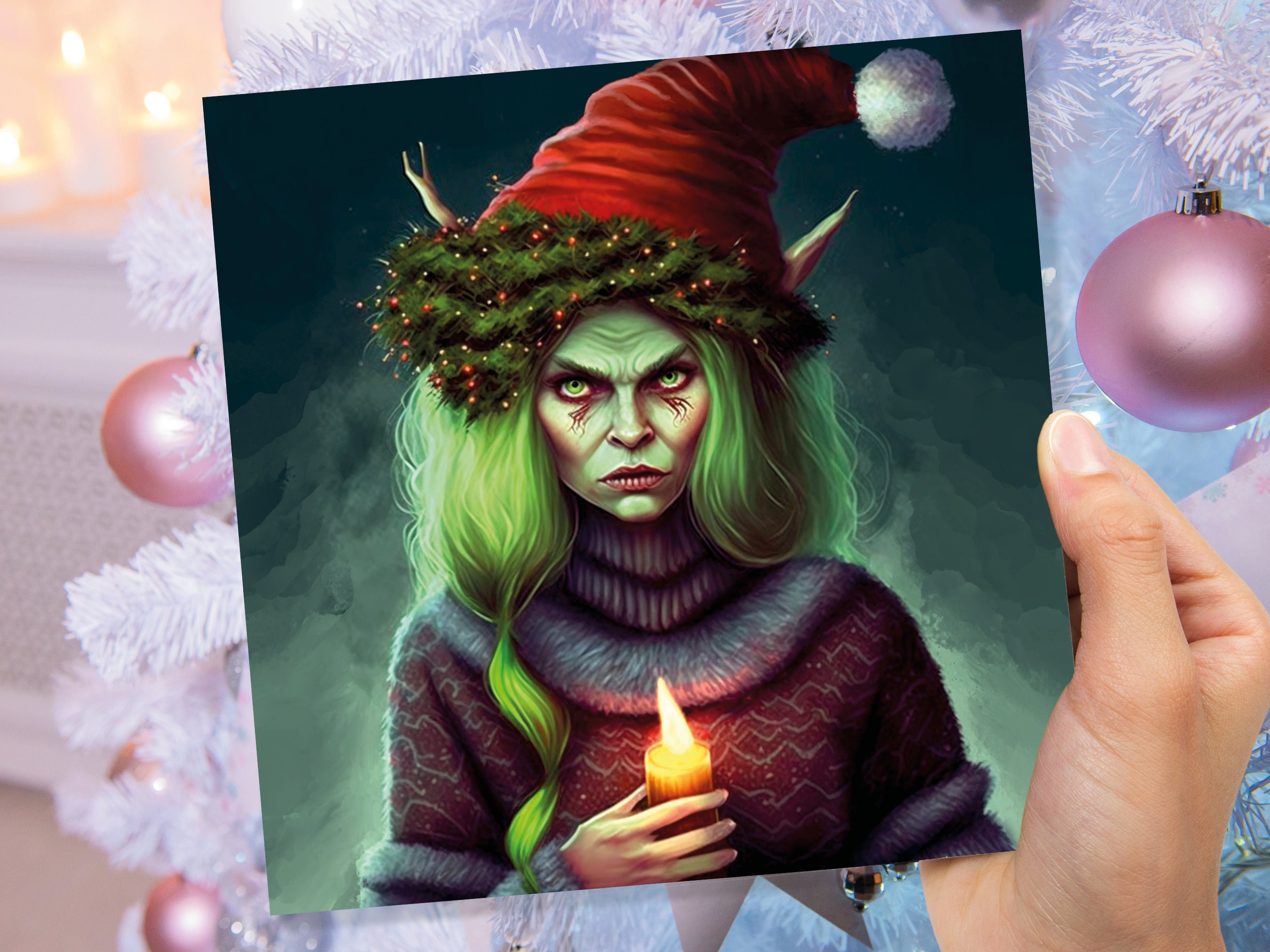 Female Krampus Christmas Card Resting Witch Face Witchy Horror Gothic Goth Pagan Santa Hat Dark Fantasy Greetings Family Friends Xmas 2024 - View 4