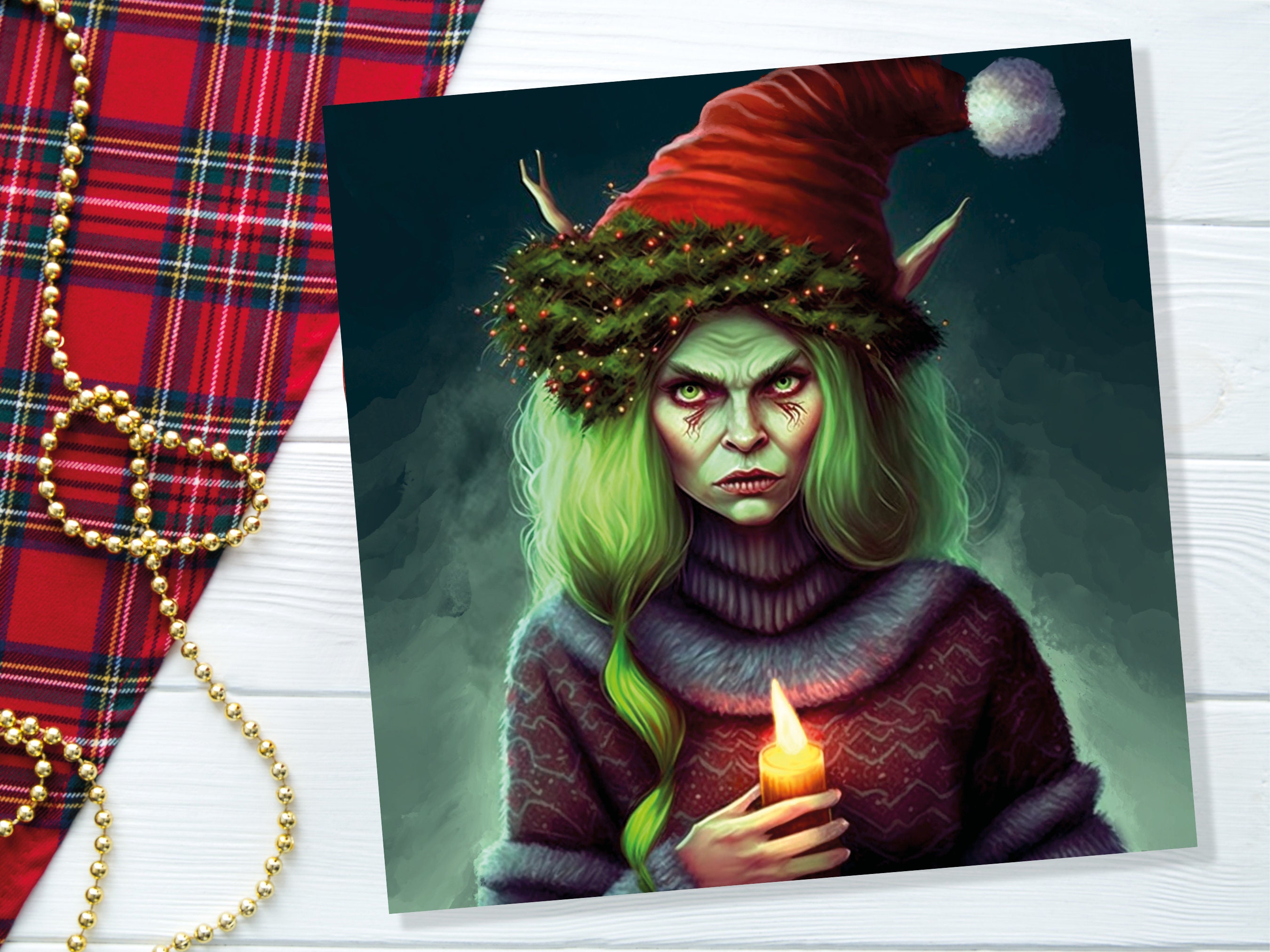 Female Krampus Christmas Card Resting Witch Face Witchy Horror Gothic Goth Pagan Santa Hat Dark Fantasy Greetings Family Friends Xmas 2024 - View 5