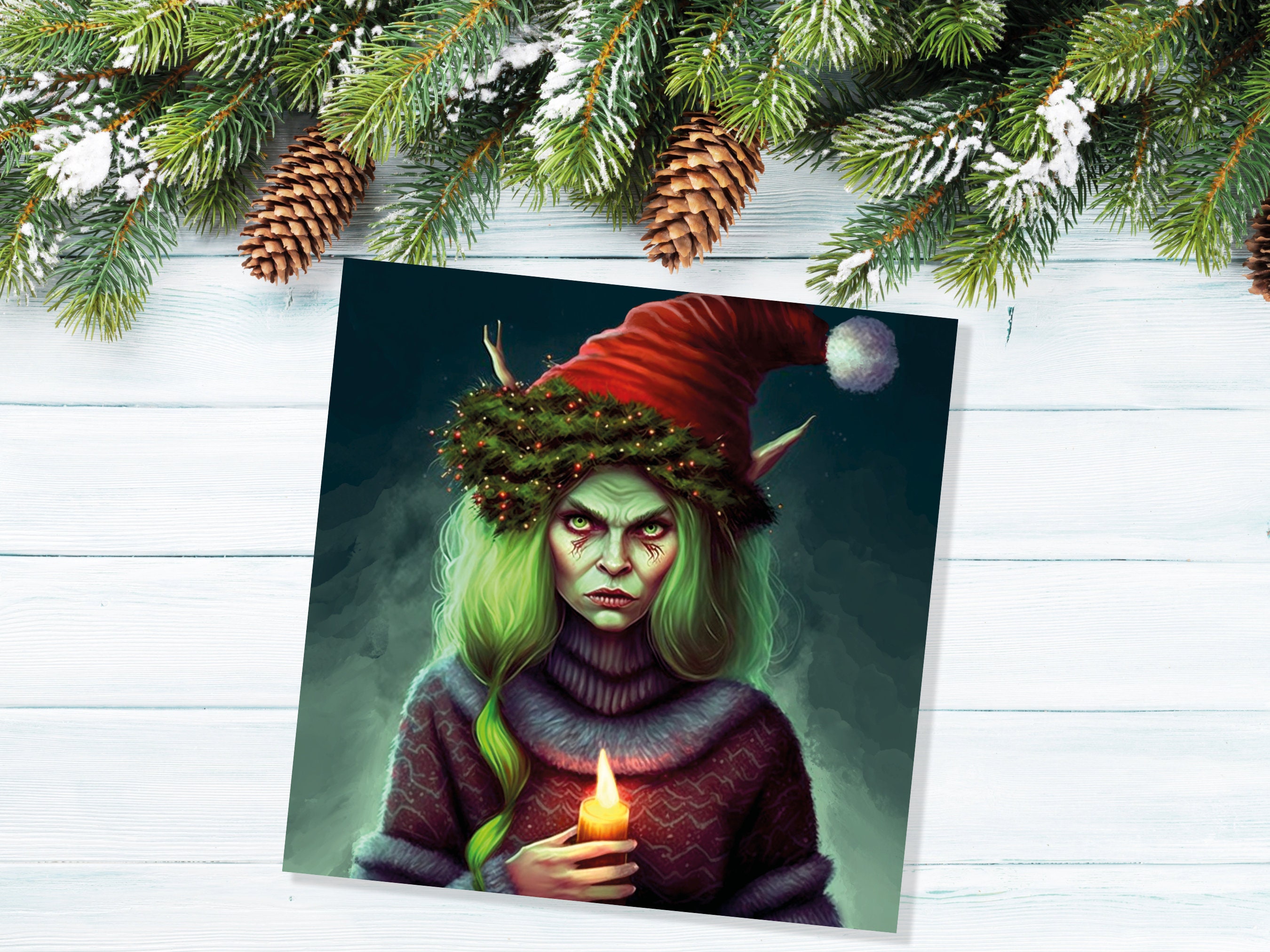 Female Krampus Christmas Card Resting Witch Face Witchy Horror Gothic Goth Pagan Santa Hat Dark Fantasy Greetings Family Friends Xmas 2024 - View 6