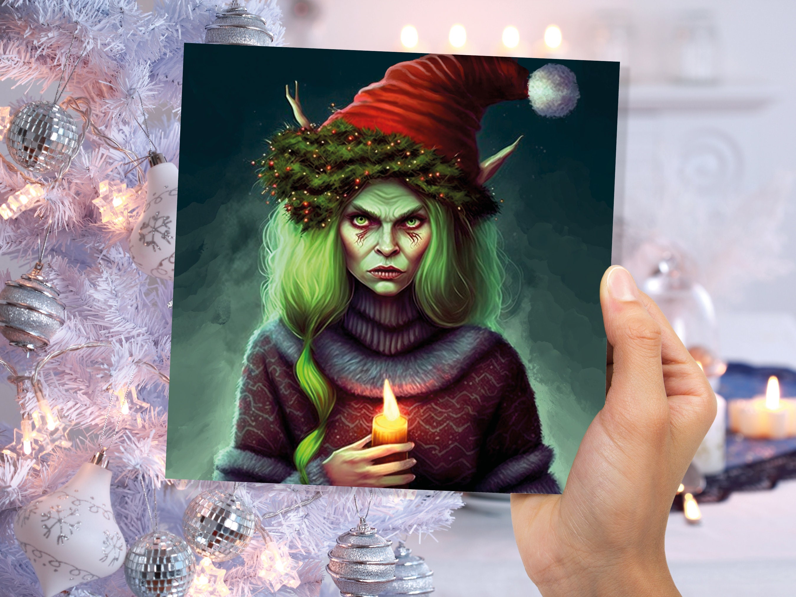 Female Krampus Christmas Card Resting Witch Face Witchy Horror Gothic Goth Pagan Santa Hat Dark Fantasy Greetings Family Friends Xmas 2024 - View 7