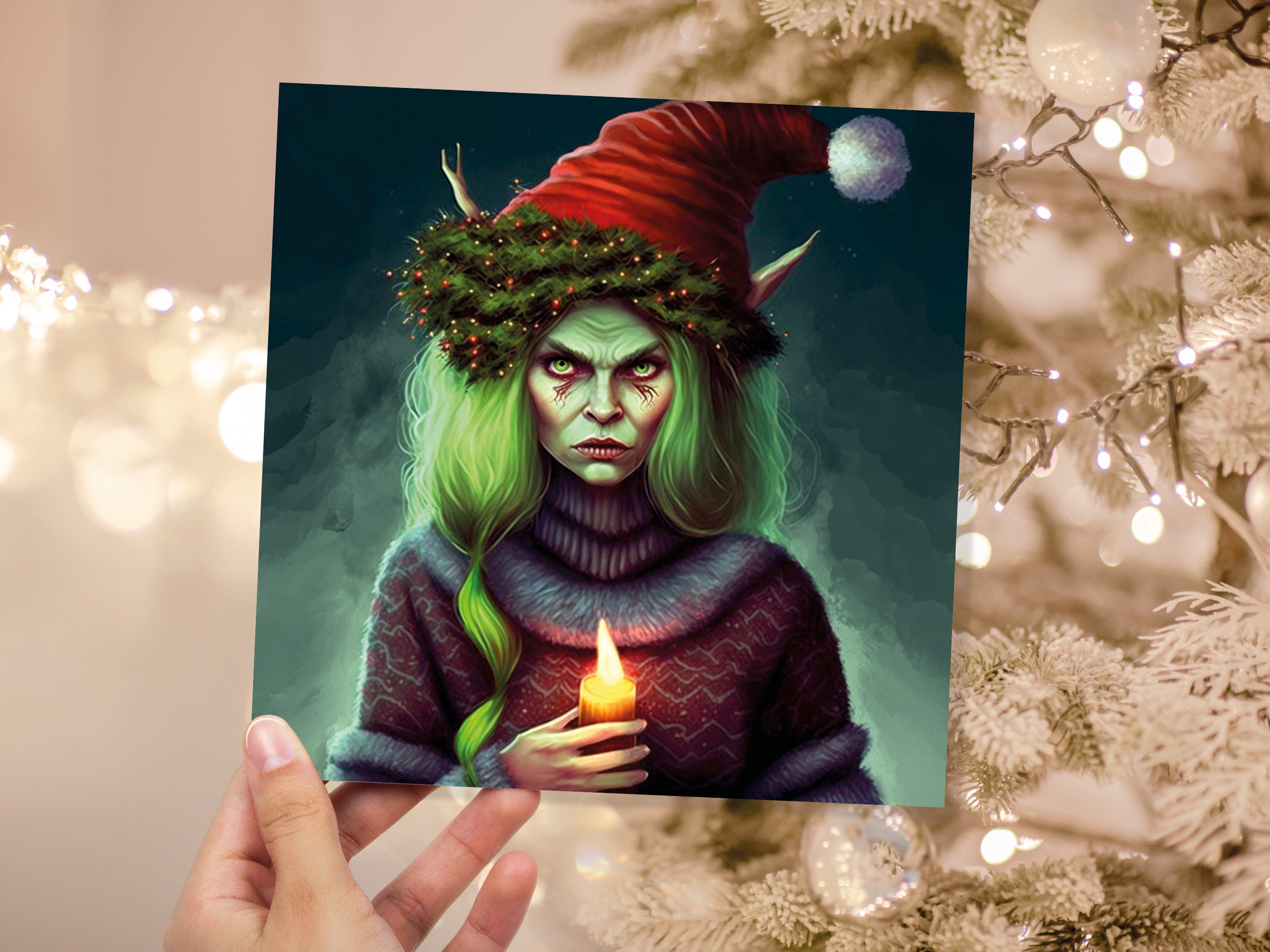 Female Krampus Christmas Card Resting Witch Face Witchy Horror Gothic Goth Pagan Santa Hat Dark Fantasy Greetings Family Friends Xmas 2024 - View 8