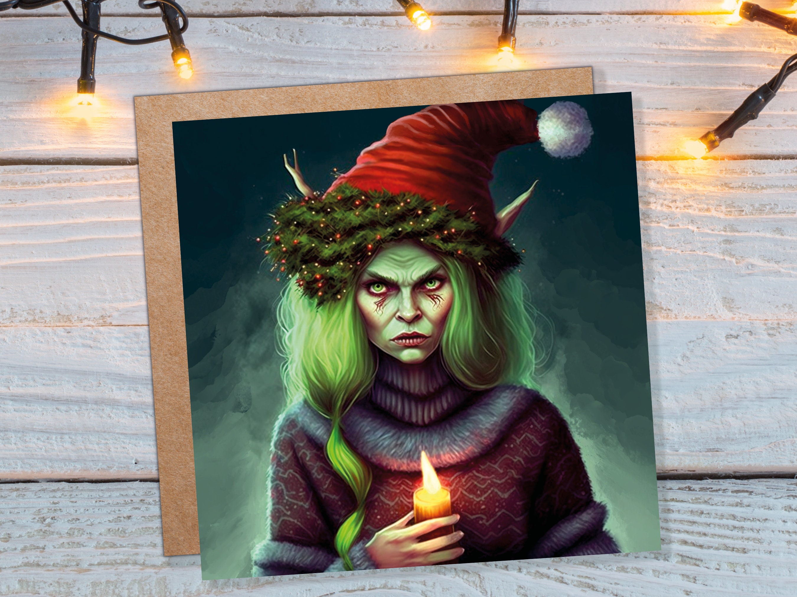 Female Krampus Christmas Card Resting Witch Face Witchy Horror Gothic Goth Pagan Santa Hat Dark Fantasy Greetings Family Friends Xmas 2024 - View 9