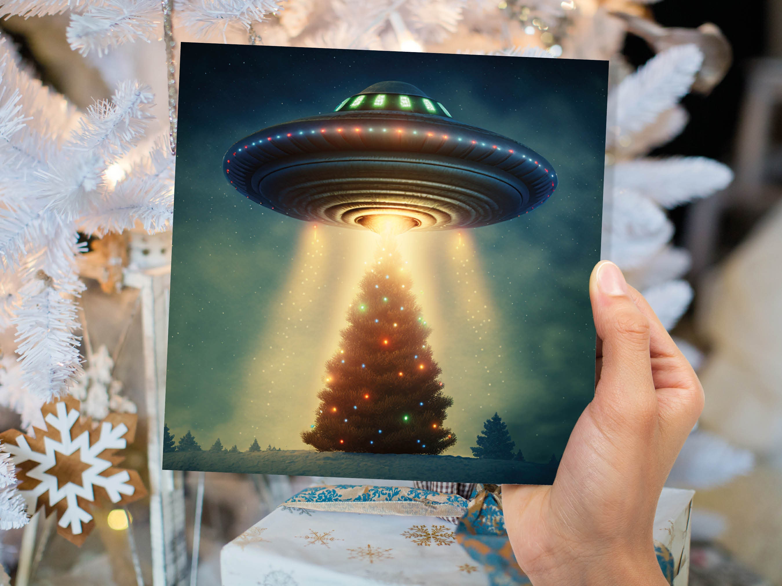 Alien Christmas Card Funny UFO Spaceman Spaceship Christmas Tree Abduction Beam Me Up Ironic Fun Xmas Greetings Card For Family Friends 2024 - View 4