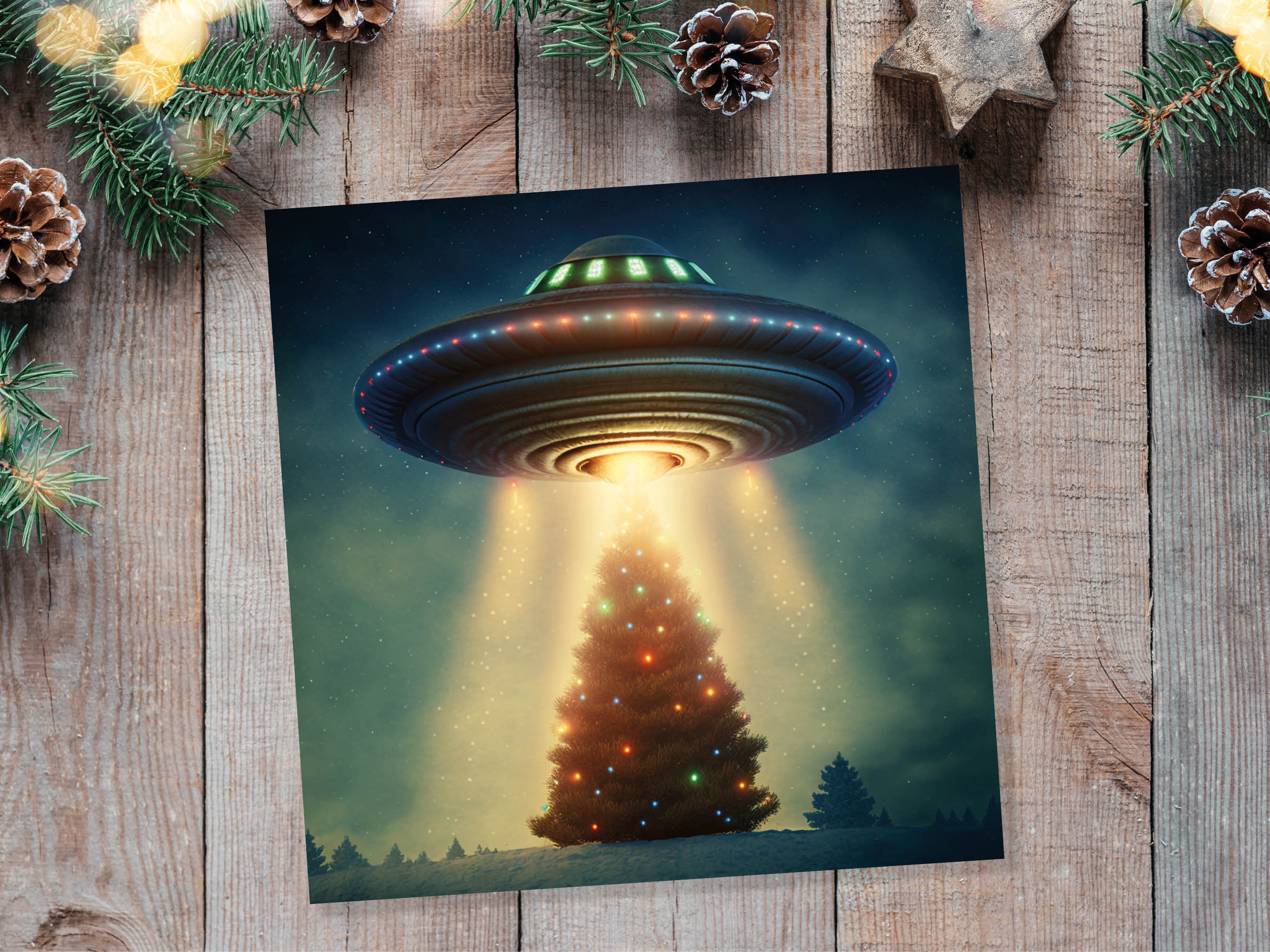 Alien Christmas Card Funny UFO Spaceman Spaceship Christmas Tree Abduction Beam Me Up Ironic Fun Xmas Greetings Card For Family Friends 2024 - View 7