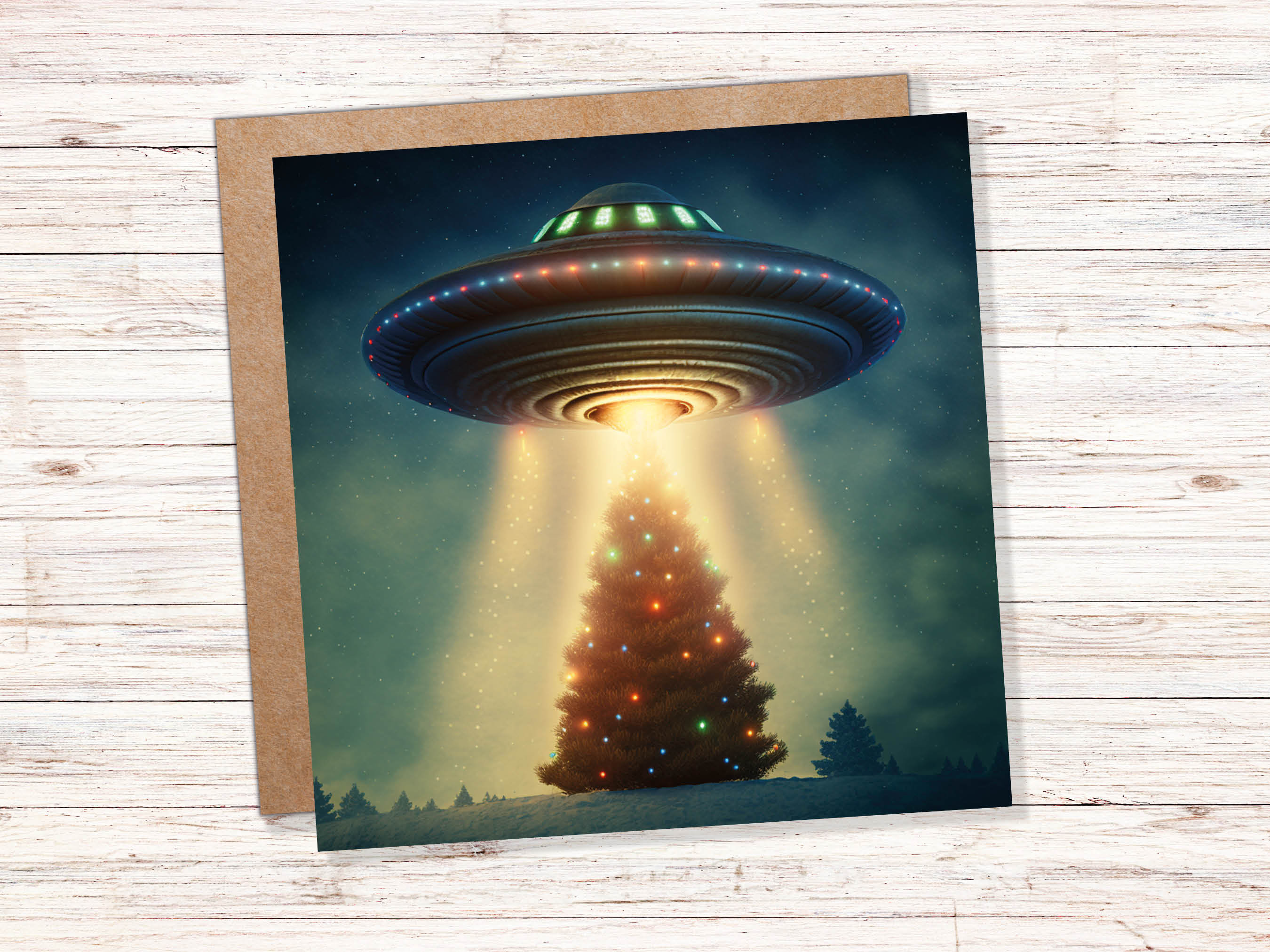 Alien Christmas Card Funny UFO Spaceman Spaceship Christmas Tree Abduction Beam Me Up Ironic Fun Xmas Greetings Card For Family Friends 2024 - View 2