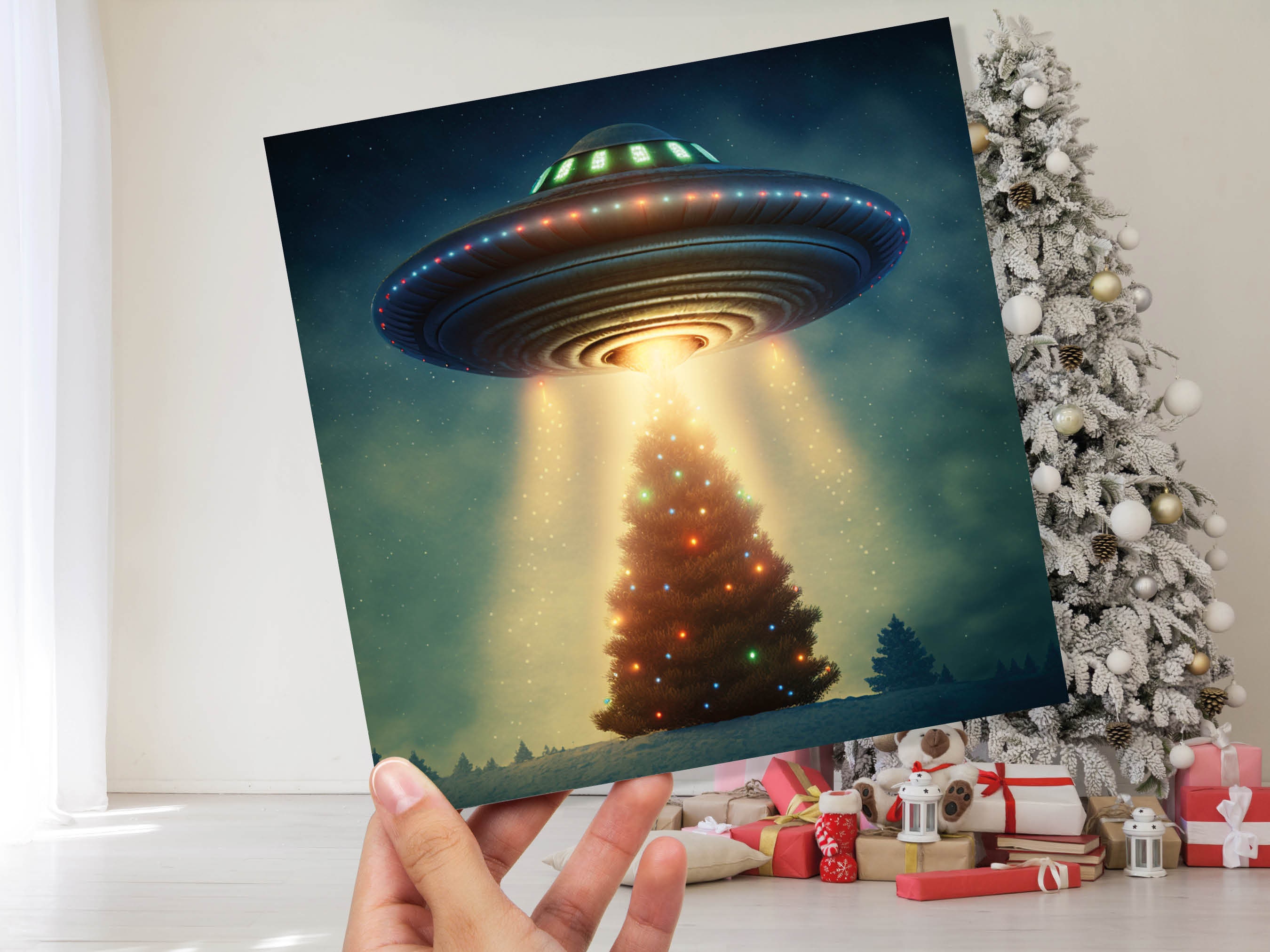 Alien Christmas Card Funny UFO Spaceman Spaceship Christmas Tree Abduction Beam Me Up Ironic Fun Xmas Greetings Card For Family Friends 2024 - View 9