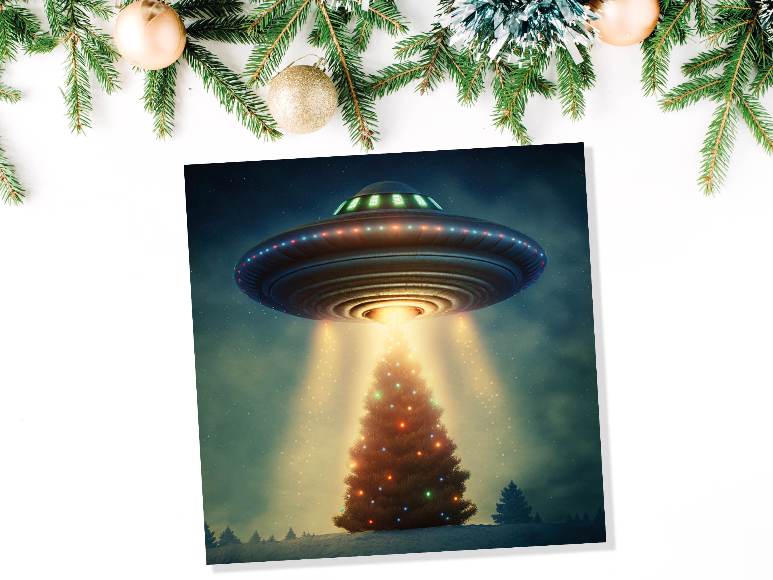 Alien Christmas Card Funny UFO Spaceman Spaceship Christmas Tree Abduction Beam Me Up Ironic Fun Xmas Greetings Card For Family Friends 2024 - View 6