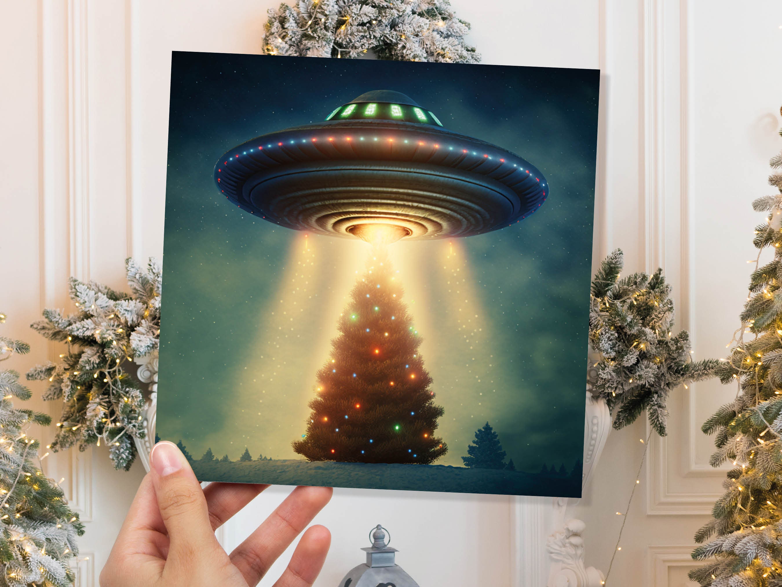 Alien Christmas Card Funny UFO Spaceman Spaceship Christmas Tree Abduction Beam Me Up Ironic Fun Xmas Greetings Card For Family Friends 2024 - View 3