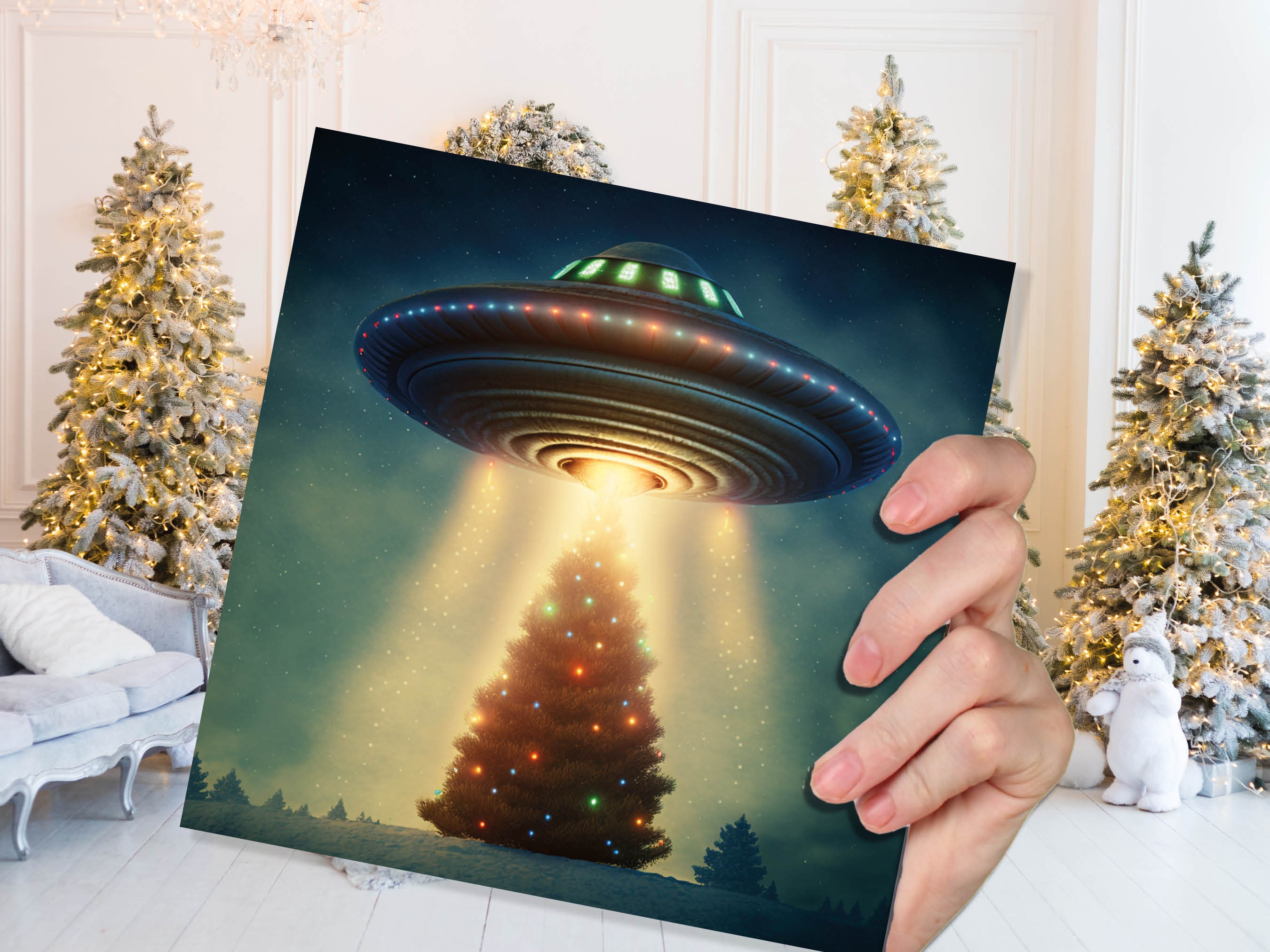 Alien Christmas Card Funny UFO Spaceman Spaceship Christmas Tree Abduction Beam Me Up Ironic Fun Xmas Greetings Card For Family Friends 2024 - View 5