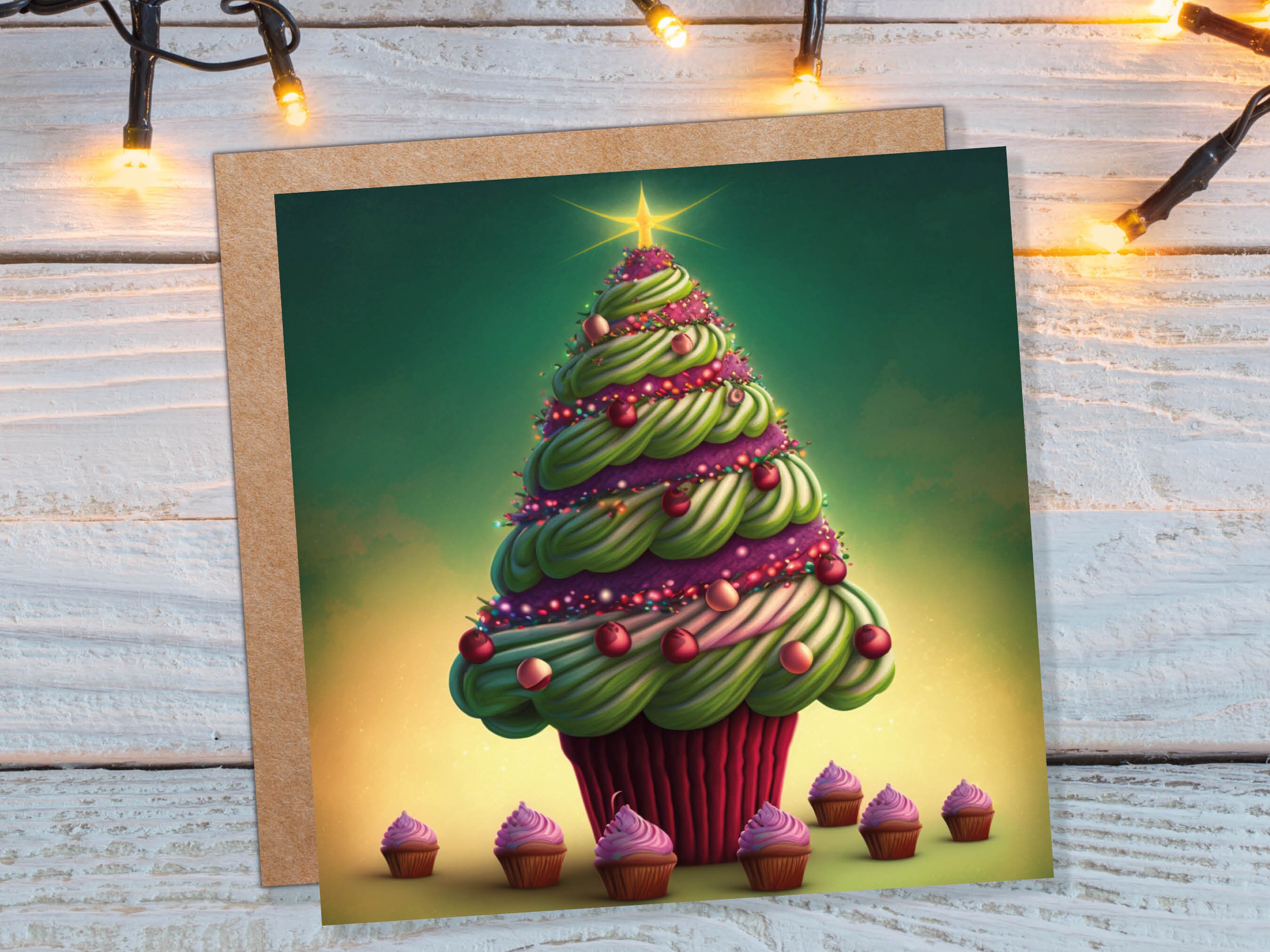 Cupcake Christmas Tree Card Fairy Cake with Green Frosting Icing Pink Sprinkles Xmas Greetings Card For Bakers Baking Family Friends 2024 - View 2