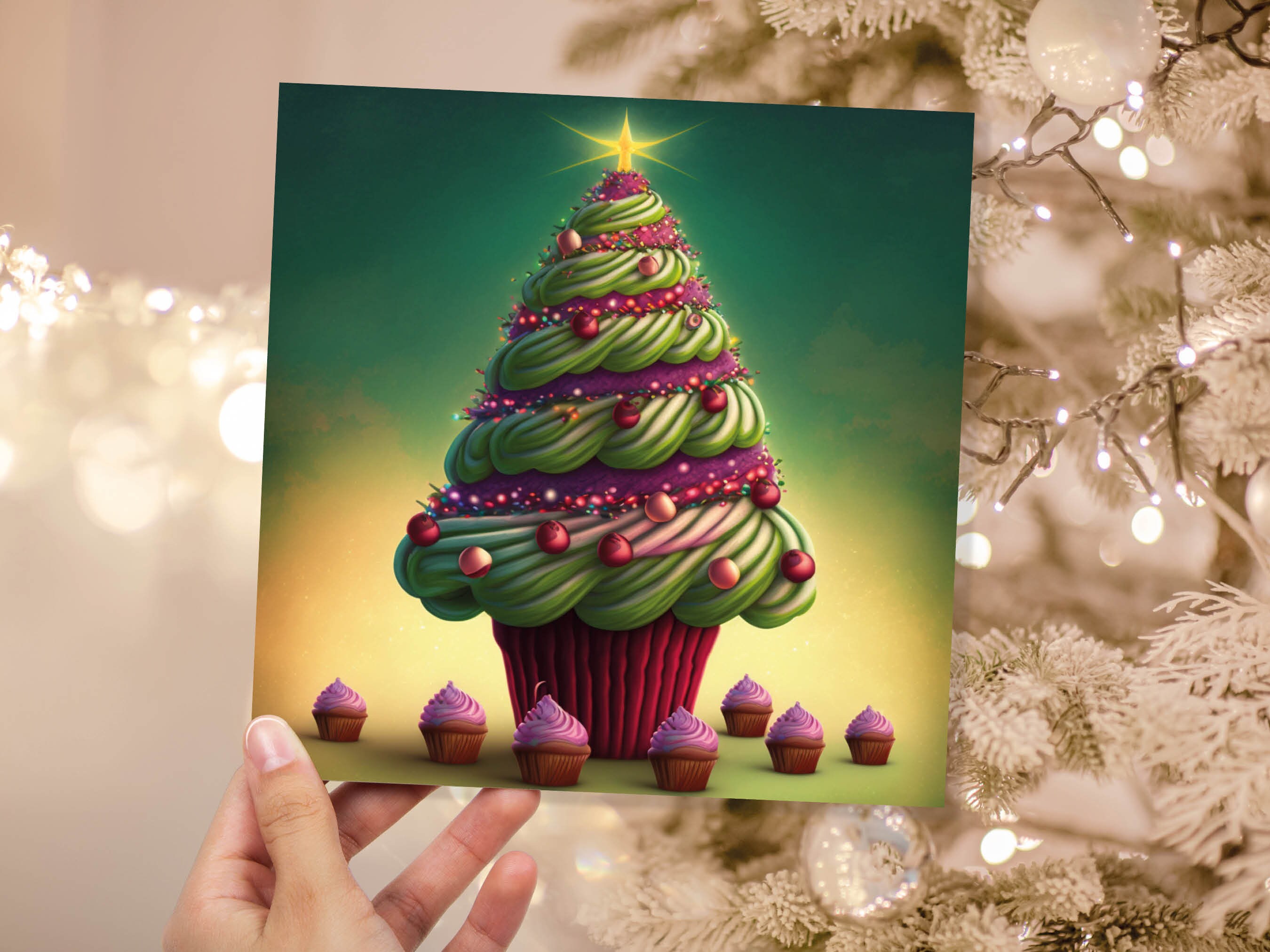 Cupcake Christmas Tree Card Fairy Cake with Green Frosting Icing Pink Sprinkles Xmas Greetings Card For Bakers Baking Family Friends 2024 - View 3