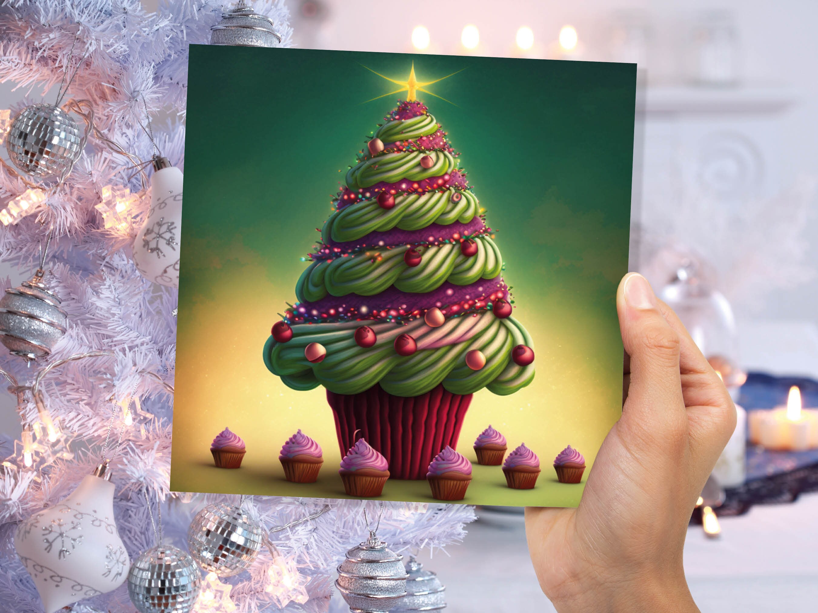 Cupcake Christmas Tree Card Fairy Cake with Green Frosting Icing Pink Sprinkles Xmas Greetings Card For Bakers Baking Family Friends 2024 - View 4