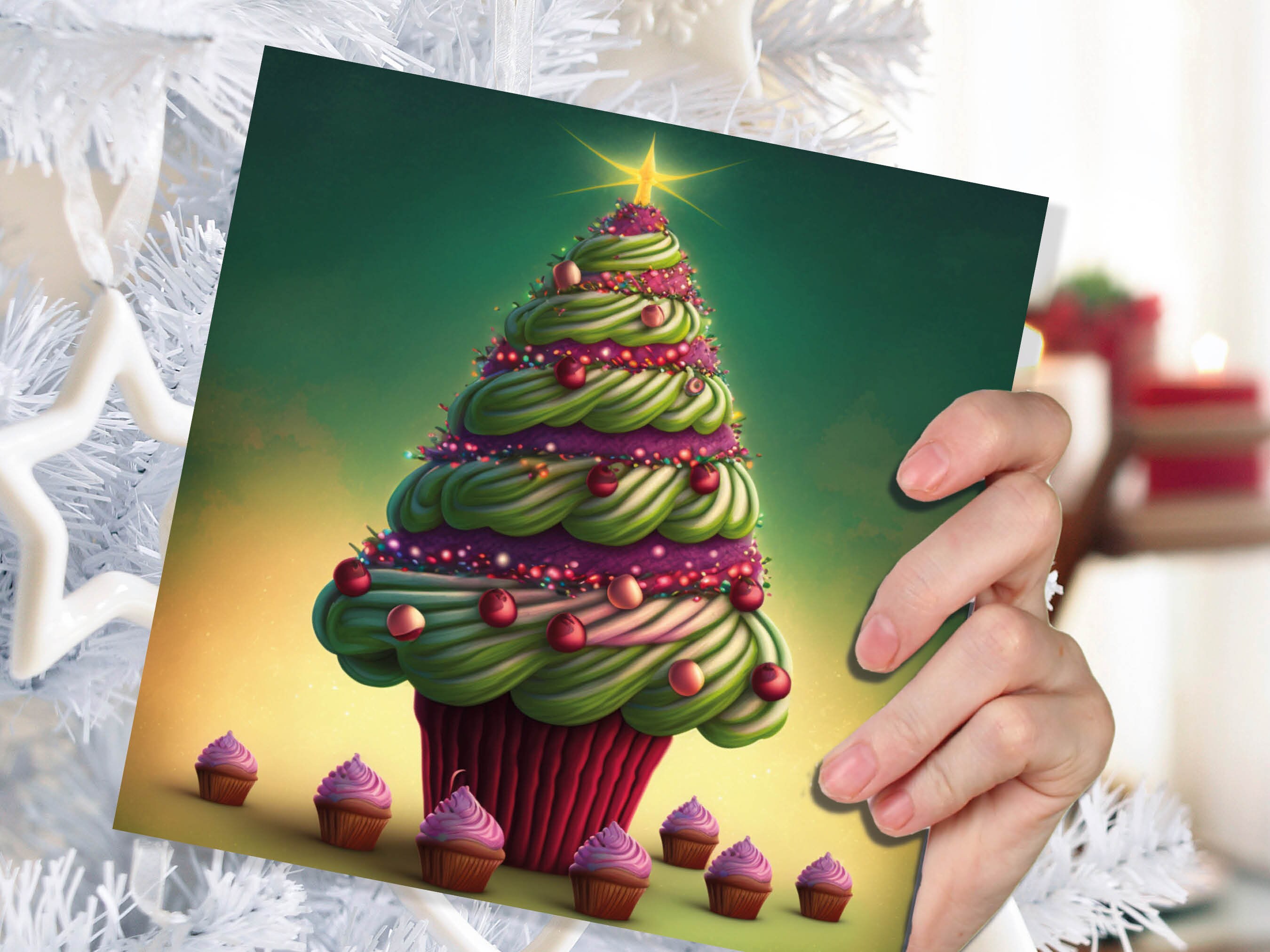 Cupcake Christmas Tree Card Fairy Cake with Green Frosting Icing Pink Sprinkles Xmas Greetings Card For Bakers Baking Family Friends 2024 - View 6