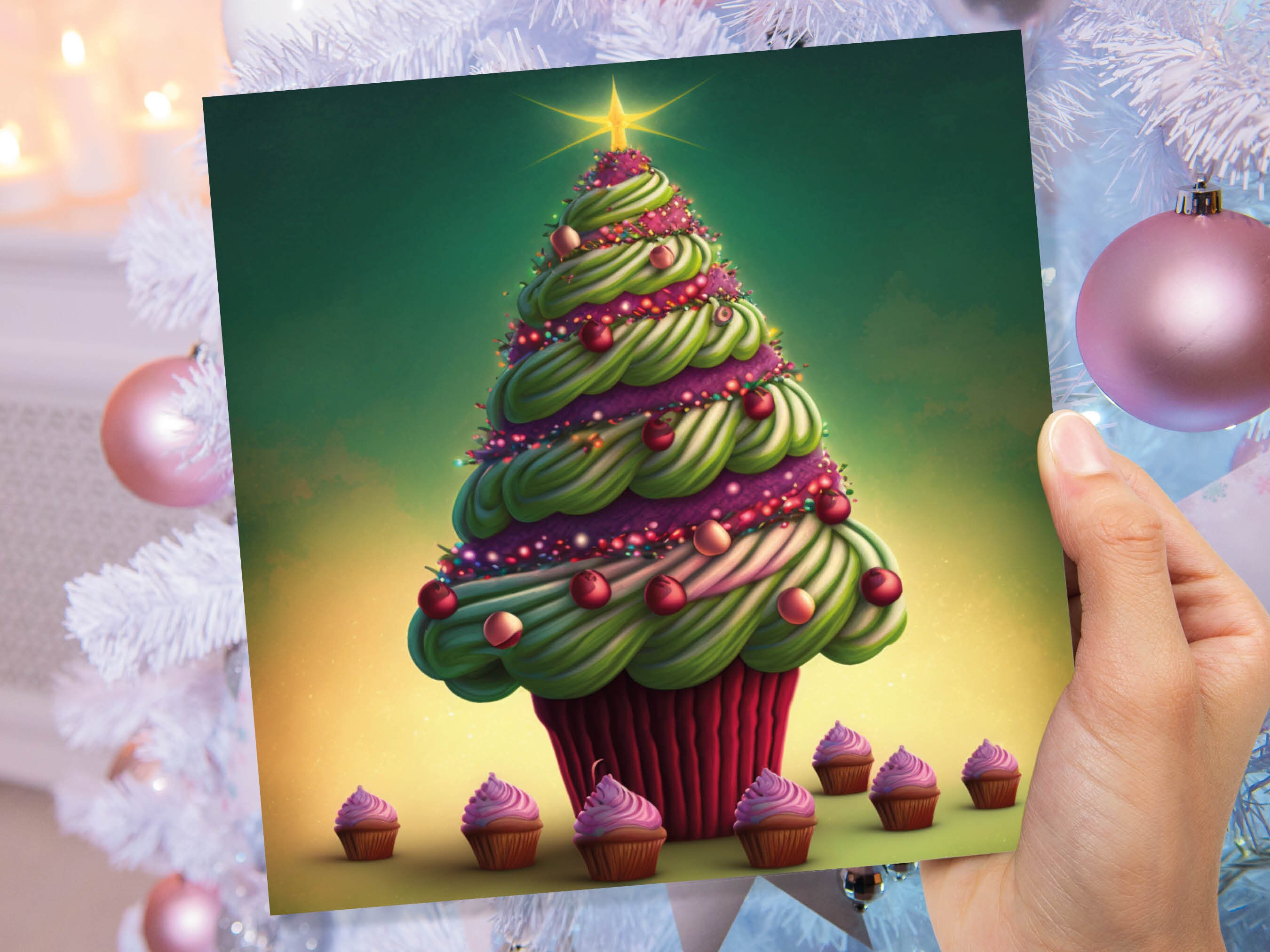 Cupcake Christmas Tree Card Fairy Cake with Green Frosting Icing Pink Sprinkles Xmas Greetings Card For Bakers Baking Family Friends 2024 - View 7